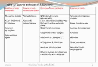Table :-2 Enzyme distribution in mitochondria
Enzymes of outer
membrane
Enzyme of peri -
mitochondrial space
Enzymes of inner membrane Enzymes of matrix
Monoamine oxidase
NADH-cytochrome
C reductase
Kynurenin
hydroxylase
Fatty acid CoA
ligase
Adenylate kinase
Nucleoside
diphosphokinase
NADH dehydrogenase
complex(NAD)
Flavin adenine dinucleotide (FAD)
Diphosphopyridine nucleotide
(DPN)
Cytochrome b-c complex
Cytochrome oxidase complex
Ubiquinone or Coenzyme Q
ATP synthase /F1F0ATPase
Succinate dehydrogenase
Β-hydroy butyrate dehydrogenase
Carnitine fatty acid transferase
Pyruvate dehydrogenase
complex
Malate dehydrogenase
Isocitrate dehydrogenase
Fumarase
Aconitase
Citrate synthethase
Keto glutaric acid
dehydrogenase
11/21/2020 Structure and function of Mitochondria 33
 