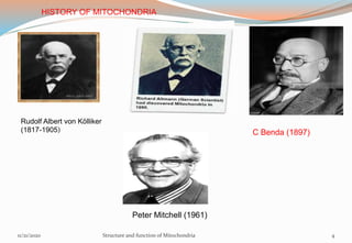 Rudolf Albert von Kölliker
(1817-1905) C Benda (1897)
Peter Mitchell (1961)
HISTORY OF MITOCHONDRIA
11/21/2020 Structure and function of Mitochondria 4
 