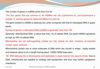 The number of genes in mtDNA varies from 5 to 94.
The four genes that are common in all mtDNAs are cob (cytochrome b) ,cox1(cytochrome c
oxidase 1) and two genes for ribosomal RNAs (rns and rnl)
The gene content in mtDNA is relatively low, when compared with that of chloroplast DNA in green
plants.
Number of genes in chloroplast DNA (cpDNA) is generally more than 100.
Generally Mitochondrial DNA is about less than 1% of cellular DNA ,but yeast mtDNA represents
as high as 18% of cellular DNA.
Mitochondria are not self-supporting entities but rely heavily for their functions on imported
nuclear gene products.
Mitochondria contain one or more molecules of DNA which are circular in shape , highly twisted
and measure about 5 μm in length having about 15000-75000 base pairs.
Mt- DNA behaves like a chromosome and duplicates in usual manner into several circles. Due to
DNA, mitochondria are capable to undergo self reproduction and thus may exhibit cytoplasmic
inheritance.
11/21/2020 Structure and function of Mitochondria 49
 