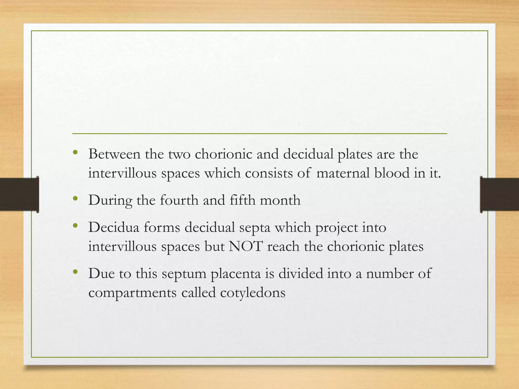 • Between the two chorionic and decidual plates are the
intervillous spaces which consists of maternal blood in it.
• During the fourth and fifth month
• Decidua forms decidual septa which project into
intervillous spaces but NOT reach the chorionic plates
• Due to this septum placenta is divided into a number of
compartments called cotyledons
 