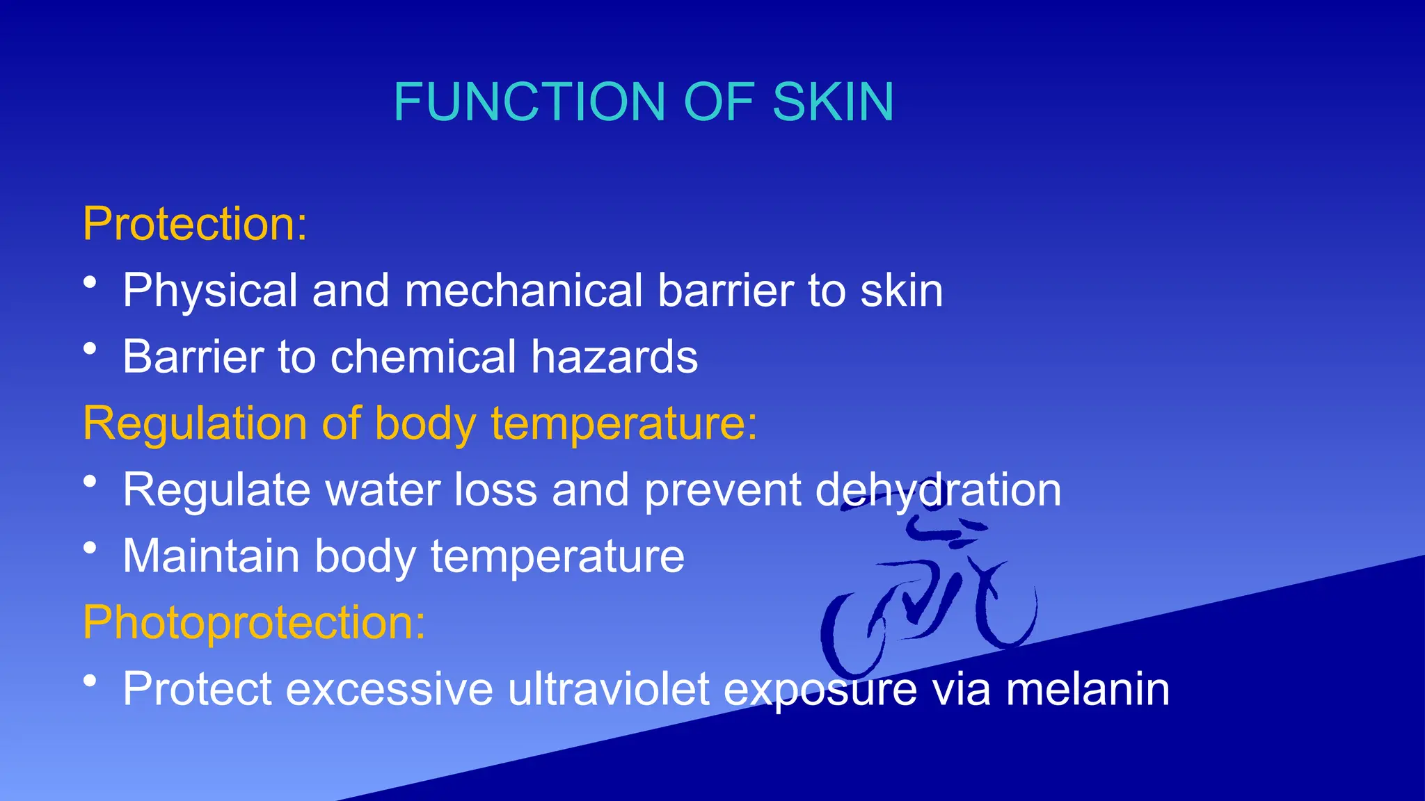 FUNCTION OF SKIN
Protection:
• Physical and mechanical barrier to skin
• Barrier to chemical hazards
Regulation of body temperature:
• Regulate water loss and prevent dehydration
• Maintain body temperature
Photoprotection:
• Protect excessive ultraviolet exposure via melanin
 