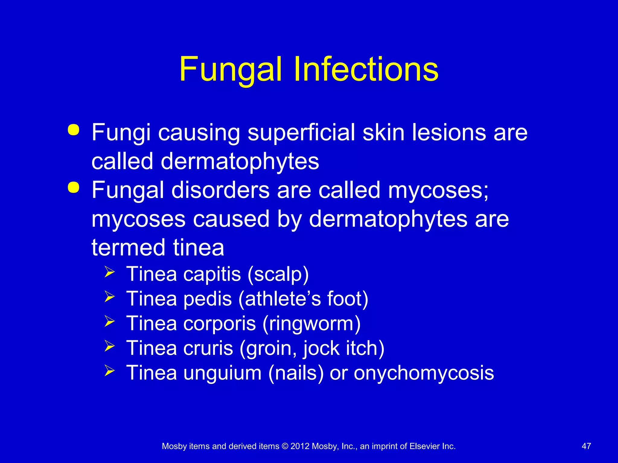 Mosby items and derived items © 2012 Mosby, Inc., an imprint of Elsevier Inc. 47
Fungal Infections
 Fungi causing superficial skin lesions are
called dermatophytes
 Fungal disorders are called mycoses;
mycoses caused by dermatophytes are
termed tinea
 Tinea capitis (scalp)
 Tinea pedis (athlete’s foot)
 Tinea corporis (ringworm)
 Tinea cruris (groin, jock itch)
 Tinea unguium (nails) or onychomycosis
 