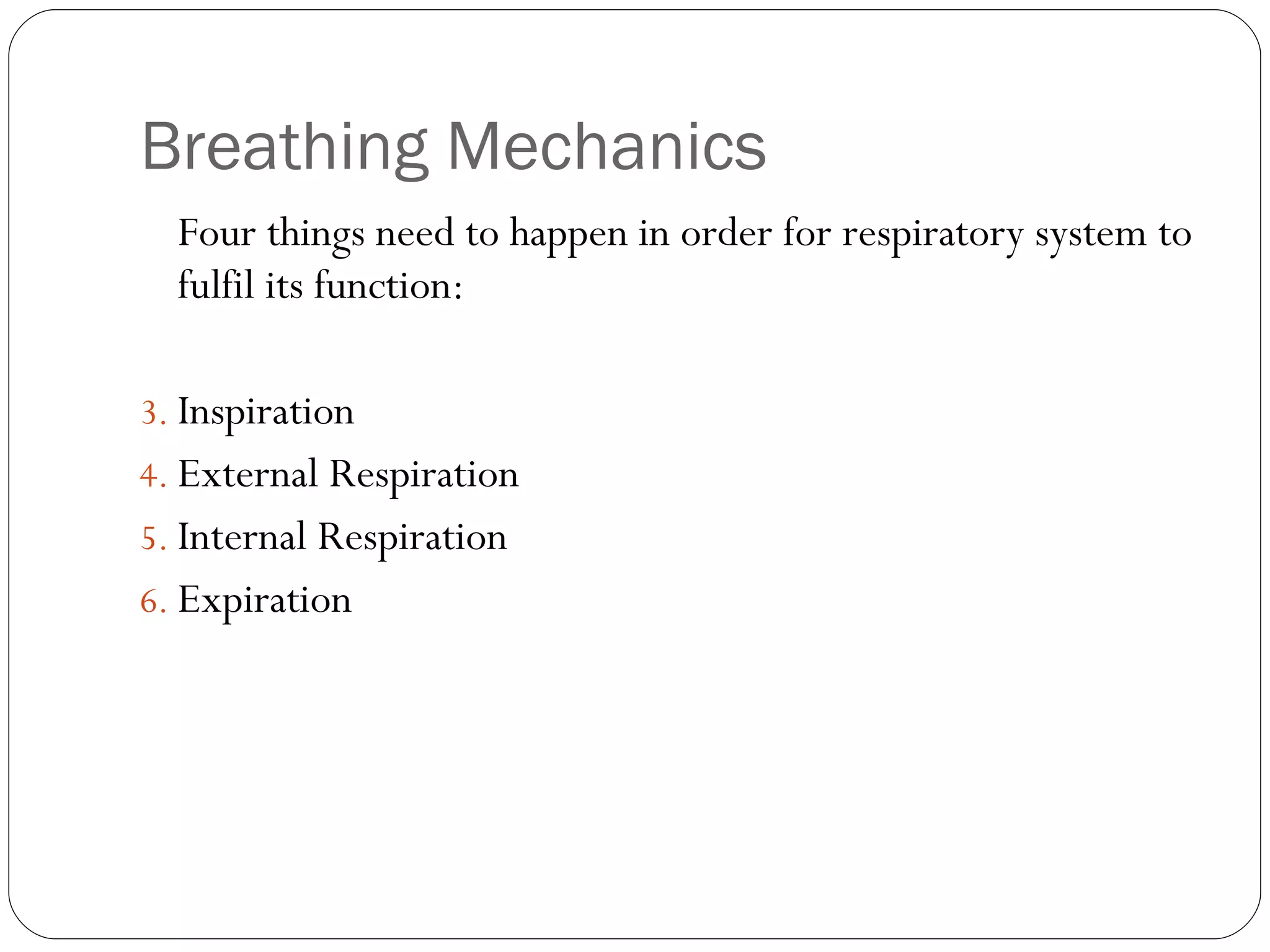 Breathing Mechanics Four things need to happen in order for respiratory system to fulfil its function: Inspiration External Respiration Internal Respiration Expiration 