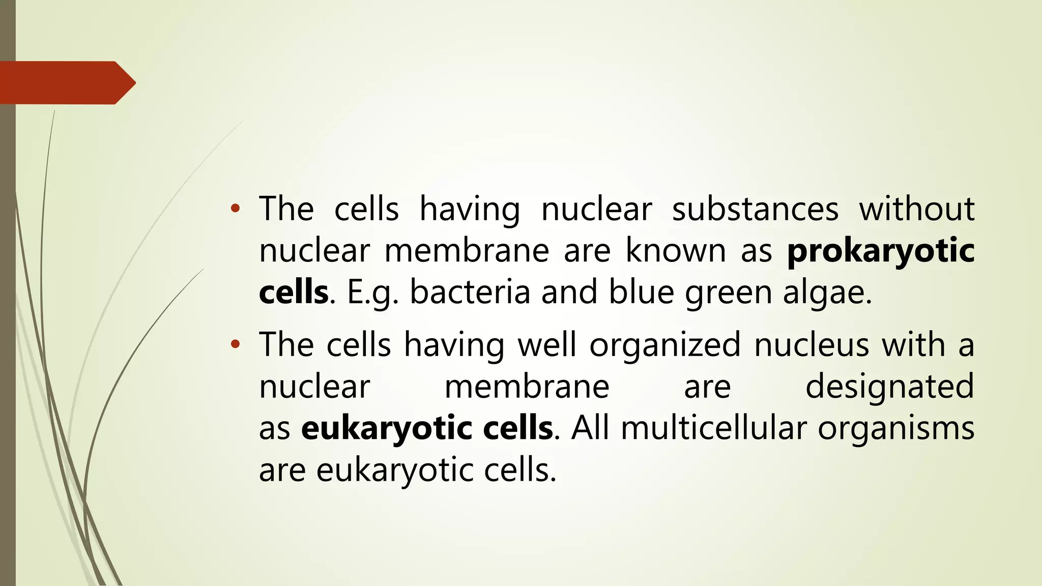 • The cells having nuclear substances without
nuclear membrane are known as prokaryotic
cells. E.g. bacteria and blue green algae.
• The cells having well organized nucleus with a
nuclear membrane are designated
as eukaryotic cells. All multicellular organisms
are eukaryotic cells.
 