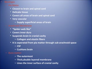• Meninges
– Pia Mater
• Closest to brain and spinal cord
• Delicate tissue
• Covers all areas of brain and spinal cord
• Very vascular
– Supply superficial areas of brain
– Arachnoid Membrane
• “Spider-web like”
• Covers inner dura
• Suspends brain in cranial cavity
– Collagen and elastin fibers
• It is seperated from pia matter through sub-arachnoid space
– CSF
– Cushions brain
– Dura matter
– The outermost
– Thick,double layered membrane
– Lines the inner surface of cranial cavity
 