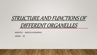 STRUCTURE AND FUNCTIONS OF
DIFFERENT ORGANELLES
MADE BY – AARUSH AGGARWAL
GRADE - 9A
 