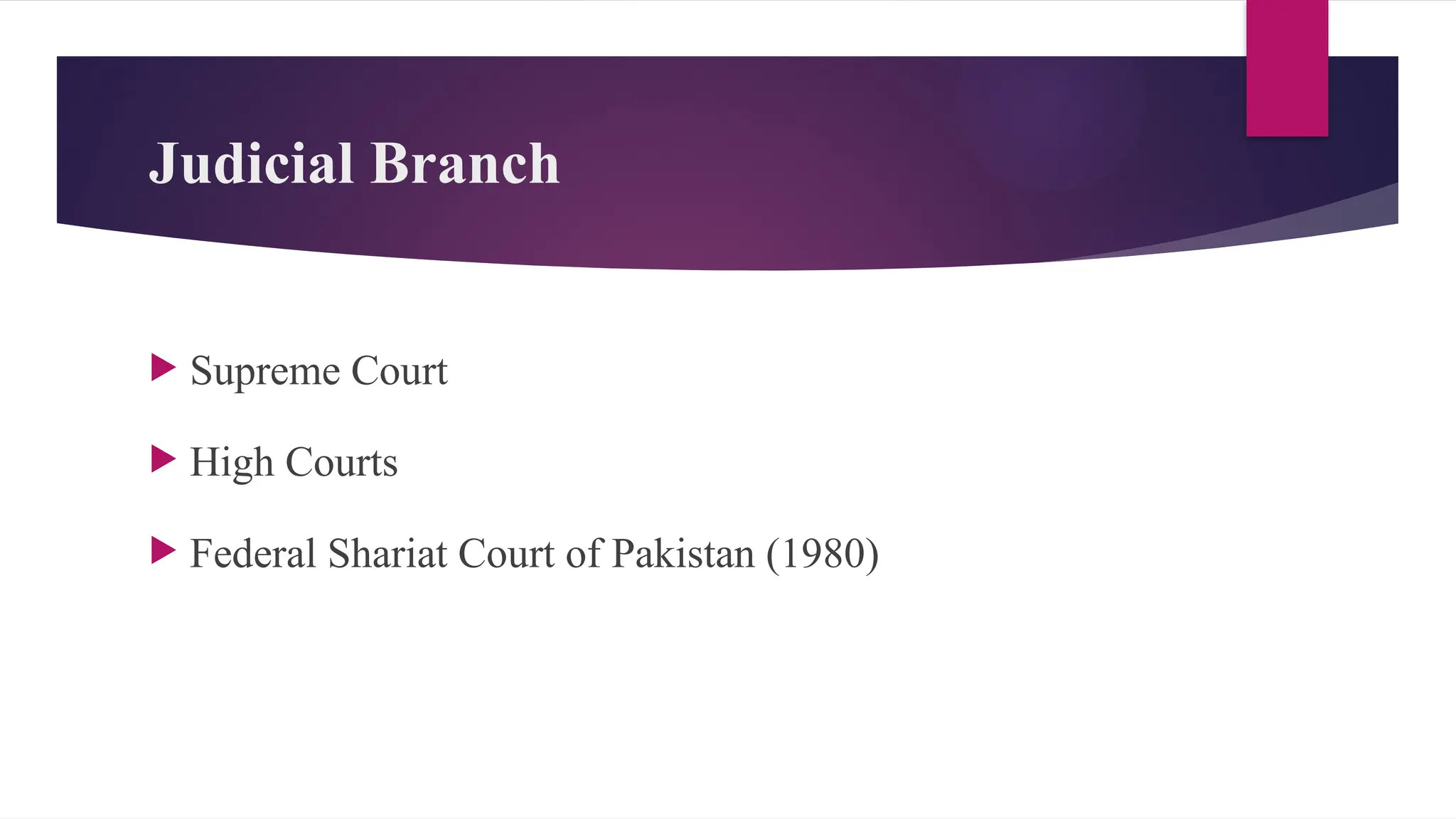 Judicial Branch
Supreme Court
High Courts
Federal Shariat Court of Pakistan (1980)