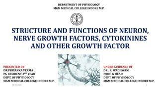 STRUCTURE AND FUNCTIONS OF NEURON,
NERVE GROWTH FACTORS, CYTOKININES
AND OTHER GROWTH FACTOR
PRESENTED BY-
DR.PRIYANKA VERMA
PG RESIDENT 3RD YEAR
DEPT. OF PHYSIOLOGY
MGM MEDICAL COLLEGE INDORE M.P.
UNDER GUIDENCE OF-
DR . R. WADHWANI
PROF. & HEAD
DEPT. OF PHYSIOLOGY
MGM MEDICAL COLLEGE INDORE M.P.
DEPARTMENT OF PHYSIOLOGY
MGM MEDICAL COLLEGE INDORE M.P.
04-01-2024 1
 
