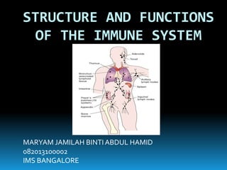 STRUCTURE AND FUNCTIONS
OF THE IMMUNE SYSTEM
MARYAM JAMILAH BINTI ABDUL HAMID
082013100002
IMS BANGALORE
 