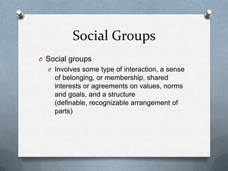 Social GroupsSocial groupsInvolves some type of interaction, a sense of belonging, or membership, shared interests or agreements on values, norms and goals, and a structure (definable, recognizable arrangement of parts)