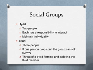 Social GroupsDyadTwo peopleEach has a responsibility to interactMaintain individualityTriadThree peopleIf one person drops out, the group can still surviveThreat of a dyad forming and isolating the third member