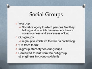 Social GroupsIn-groupSocial category to which persons feel they belong and in which the members have a consciousness and awareness of kindOut-groupsA group to which we feel we do not belong“Us from them”In-group stereotypes out-groupsPerceived threat from the out-group strengthens in-group solidarity