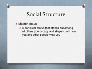 Social StructureMaster statusA particular status that stands out among all others you occupy and shapes both how you and other people view you