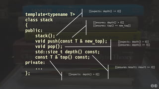 template<typename T>
class stack
{
public:
stack();
void push(const T & new_top);
void pop();
std::size_t depth() const;
const T & top() const;
private:
...
};
[[expects: depth() == 0]]
[[ensures: depth() > 0]]
[[ensures: top() == new_top]]
[[expects: depth() > 0]]
[[ensures: depth() >= 0]]
[[ensures result: result >= 0]]
[[expects: depth() > 0]]
 