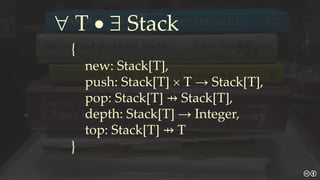  T •  Stack
{
new: Stack[T],
push: Stack[T]  T → Stack[T],
pop: Stack[T] ⇸ Stack[T],
depth: Stack[T] → Integer,
top: Stack[T] ⇸ T
}
 