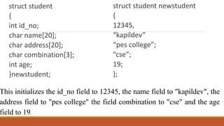 struct student
{
int id_no;
char name[20];
char address[20];
char combination[3];
int age;
}newstudent;
struct student newstudent
{
12345,
“kapildev”
“pes college”;
“cse”;
19;
};
This initializes the id_no field to 12345, the name field to "kapildev", the
address field to "pes college" the field combination to "cse" and the age
field to 19.
 