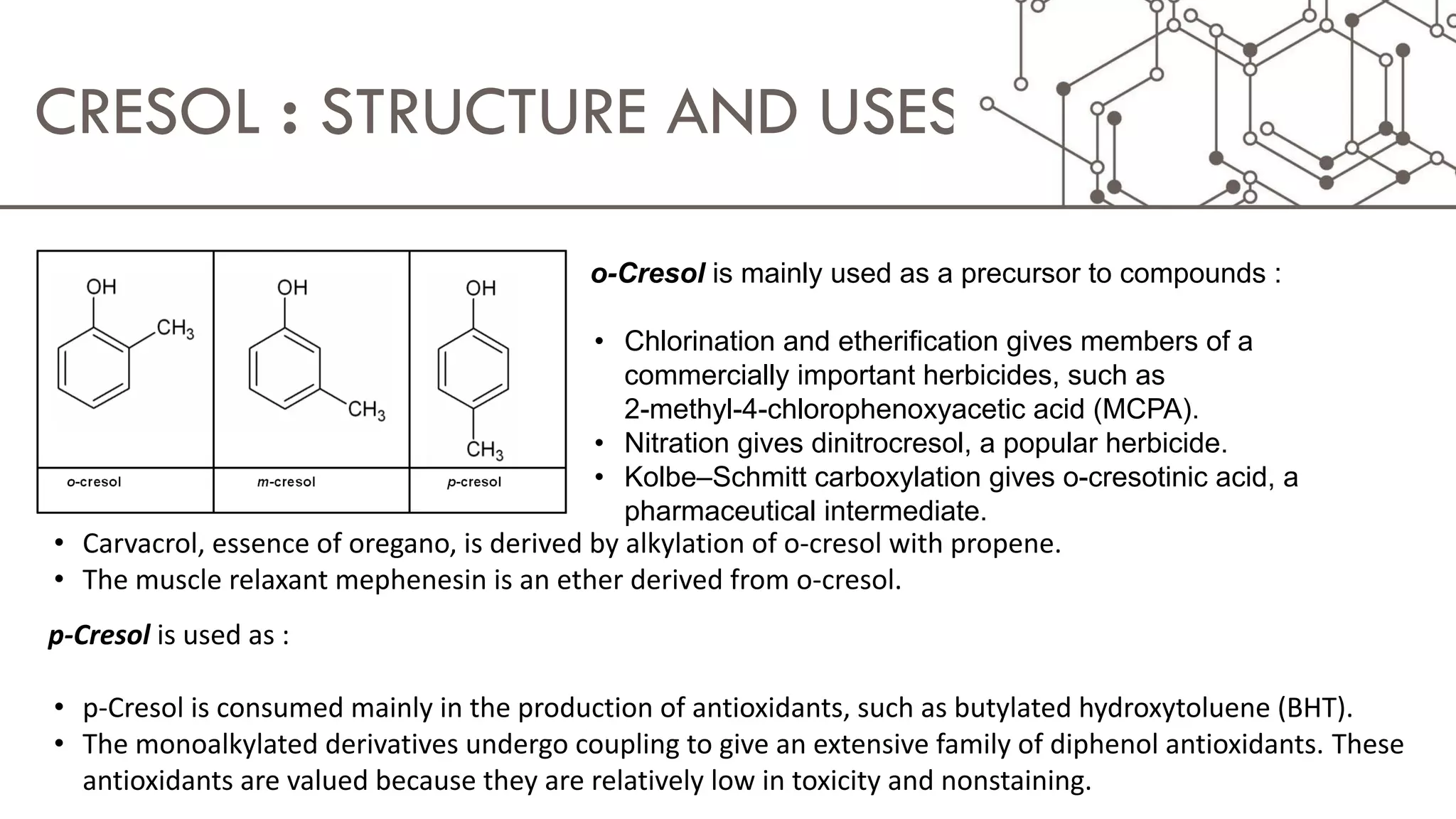 structure and uses of phenol, cresol, resorcinol and naphthol PPT