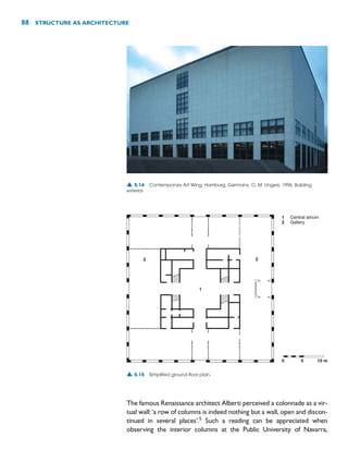 The famous Renaissance architect Alberti perceived a colonnade as a vir-
tual wall:‘a row of columns is indeed nothing but a wall, open and discon-
tinued in several places’.5
Such a reading can be appreciated when
observing the interior columns at the Public University of Navarra,
88 STRUCTURE AS ARCHITECTURE
0 5 10 m
1
2
Central atrium
Gallery
1
2 2
▲ 5.14 Contemporary Art Wing, Hamburg, Germany, O. M. Ungers, 1996. Building
exterior.
▲ 5.15 Simplified ground floor plan.
 