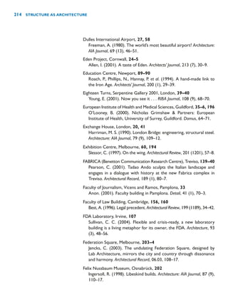 Dulles International Airport, 27, 58
Freeman, A. (1980). The world’s most beautiful airport? Architecture:
AIA Journal, 69 (13), 46–51.
Eden Project, Cornwall, 24–5
Allen, I. (2001). A taste of Eden. Architects’ Journal, 213 (7), 30–9.
Education Centre, Newport, 89–90
Roach, P., Phillips, N., Hannay, P. et al. (1994). A hand-made link to
the Iron Age. Architects’ Journal, 200 (1), 29–39.
Eighteen Turns, Serpentine Gallery 2001, London, 39–40
Young, E. (2001). Now you see it . . . RIBA Journal, 108 (9), 68–70.
European Institute of Health and Medical Sciences, Guildford, 35–6, 196
O’Looney, B. (2000). Nicholas Grimshaw  Partners: European
Institute of Health, University of Surrey, Guildford. Domus, 64–71.
Exchange House, London, 20, 41
Harriman, M. S. (1990). London Bridge: engineering, structural steel.
Architecture: AIA Journal, 79 (9), 109–12.
Exhibition Centre, Melbourne, 60, 194
Slessor, C. (1997). On the wing. Architectural Review, 201 (1201), 57–8.
FABRICA (Benetton Communication Research Centre), Treviso, 139–40
Pearson, C. (2001). Tadao Ando sculpts the Italian landscape and
engages in a dialogue with history at the new Fabrica complex in
Treviso. Architectural Record, 189 (1), 80–7.
Faculty of Journalism, Vicens and Ramos, Pamplona, 33
Anon. (2001). Faculty building in Pamplona. Detail, 41 (1), 70–3.
Faculty of Law Building, Cambridge, 156, 160
Best, A. (1996). Legal precedent. Architectural Review, 199 (1189), 34–42.
FDA Laboratory, Irvine, 107
Sullivan, C. C. (2004). Flexible and crisis-ready, a new laboratory
building is a living metaphor for its owner, the FDA. Architecture, 93
(3), 48–56.
Federation Square, Melbourne, 203–4
Jencks, C. (2003). The undulating Federation Square, designed by
Lab Architecture, mirrors the city and country through dissonance
and harmony. Architectural Record, 06.03, 108–17.
Felix Nussbaum Museum, Osnabrück, 202
Ingersoll, R. (1998). Libeskind builds. Architecture: AIA Journal, 87 (9),
110–17.
214 STRUCTURE AS ARCHITECTURE
 