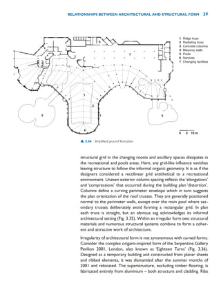 structural grid in the changing rooms and ancillary spaces dissipates in
the recreational and pools areas. Here, any grid-like influence vanishes
leaving structure to follow the informal organic geometry. It is as if the
designers considered a rectilinear grid antithetical to a recreational
environment. Uneven exterior column spacing reflects the ‘elongations’
and ‘compressions’ that occurred during the building plan ‘distortion’.
Columns define a curving perimeter envelope which in turn suggests
the plan orientation of the roof trusses. They are generally positioned
normal to the perimeter walls, except over the main pool where sec-
ondary trusses deliberately avoid forming a rectangular grid. In plan
each truss is straight, but an obvious sag acknowledges its informal
architectural setting (Fig. 3.35). Within an irregular form two structural
materials and numerous structural systems combine to form a coher-
ent and attractive work of architecture.
Irregularity of architectural form is not synonymous with curved forms.
Consider the complex origami-inspired form of the Serpentine Gallery
Pavilion 2001, London, also known as ‘Eighteen Turns’ (Fig. 3.36).
Designed as a temporary building and constructed from planar sheets
and ribbed elements, it was dismantled after the summer months of
2001 and relocated. The superstructure, excluding timber flooring, is
fabricated entirely from aluminium – both structure and cladding. Ribs
RELATIONSHIPS BETWEEN ARCHITECTURAL AND STRUCTURAL FORM 39
1
2
3
4
5
6
7
Ridge truss
Radiating truss
Concrete columns
Masonry walls
Pools
Services
Changing facilities
0 5 10 m
1
2
3
4
5 5
6
7
▲ 3.34 Simplified ground floor plan.
 