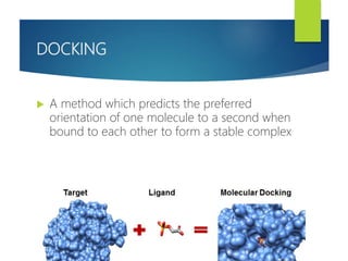 DOCKING
 A method which predicts the preferred
orientation of one molecule to a second when
bound to each other to form a stable complex
 
