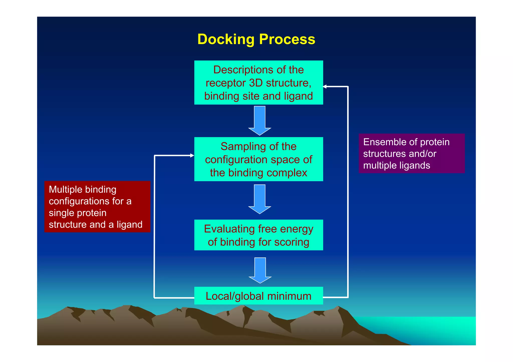 Docking Process
Descriptions of the
receptor 3D structure,
binding site and ligand

Sampling of the
configuration space of
the binding complex
Multiple binding
configurations for a
single protein
structure and a ligand

Evaluating free energy
of binding for scoring

Local/global minimum

Ensemble of protein
structures and/or
multiple ligands

 