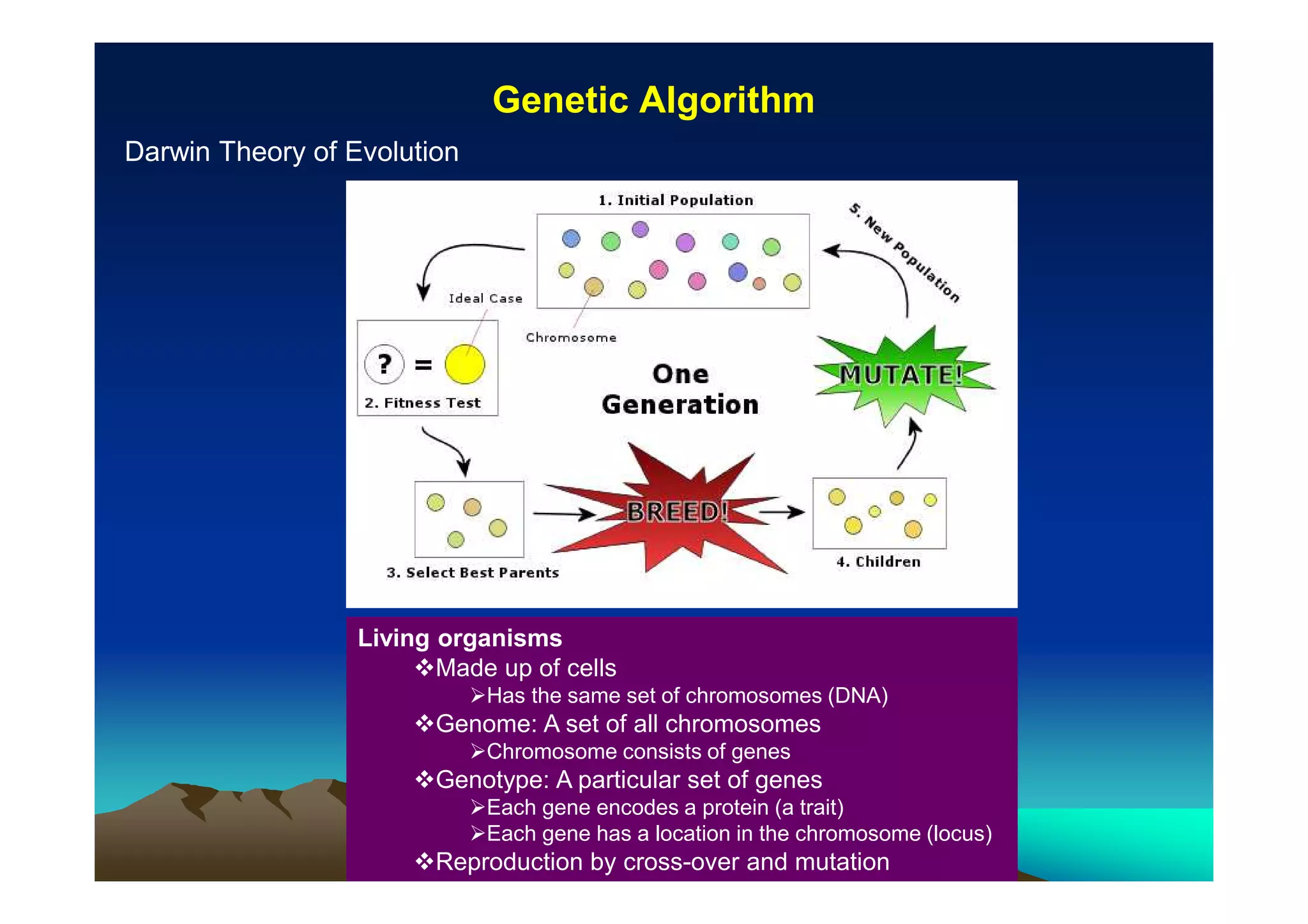 Genetic Algorithm
Darwin Theory of Evolution

Living organisms
Made up of cells
Has the same set of chromosomes (DNA)

Genome: A set of all chromosomes
Chromosome consists of genes

Genotype: A particular set of genes
Each gene encodes a protein (a trait)
Each gene has a location in the chromosome (locus)

Reproduction by cross-over and mutation

 