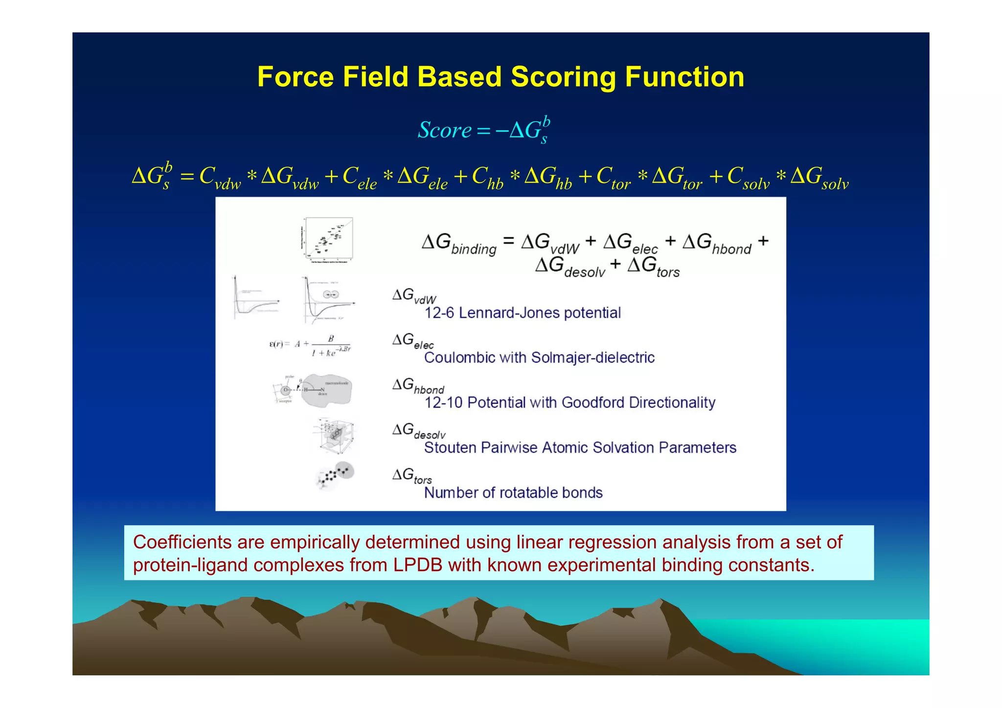 Force Field Based Scoring Function
b
Score = −∆Gs
b
∆Gs = Cvdw ∗ ∆Gvdw + Cele ∗ ∆Gele + Chb ∗ ∆Ghb + Ctor ∗ ∆Gtor + Csolv ∗ ∆Gsolv

Coefficients are empirically determined using linear regression analysis from a set of
protein-ligand complexes from LPDB with known experimental binding constants.

 
