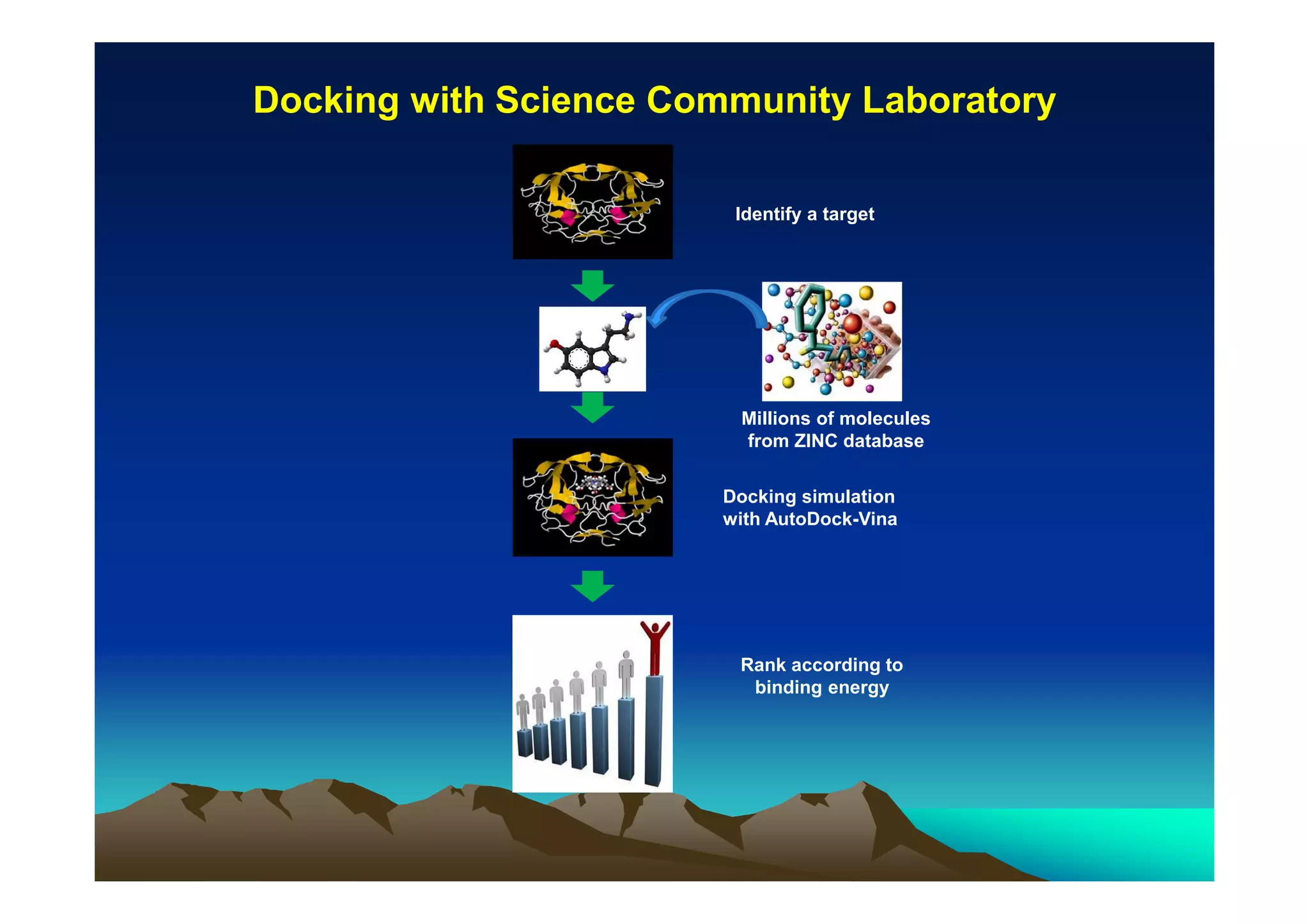 Docking with Science Community Laboratory
Identify a target

Millions of molecules
from ZINC database
Docking simulation
with AutoDock-Vina

Rank according to
binding energy

 