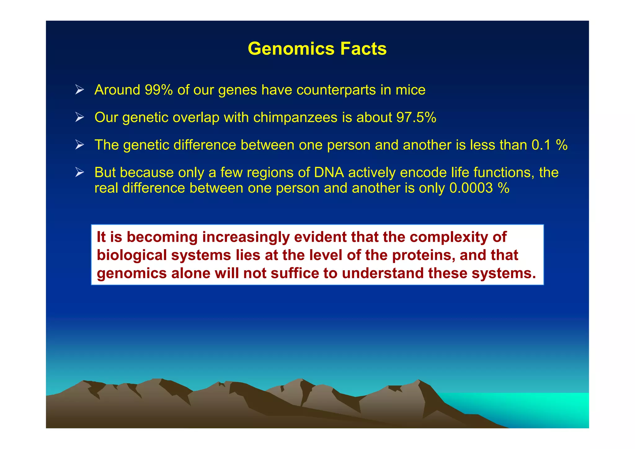 Genomics Facts
Around 99% of our genes have counterparts in mice
Our genetic overlap with chimpanzees is about 97.5%
The genetic difference between one person and another is less than 0.1 %
But because only a few regions of DNA actively encode life functions, the
real difference between one person and another is only 0.0003 %

It is becoming increasingly evident that the complexity of
biological systems lies at the level of the proteins, and that
genomics alone will not suffice to understand these systems.

 