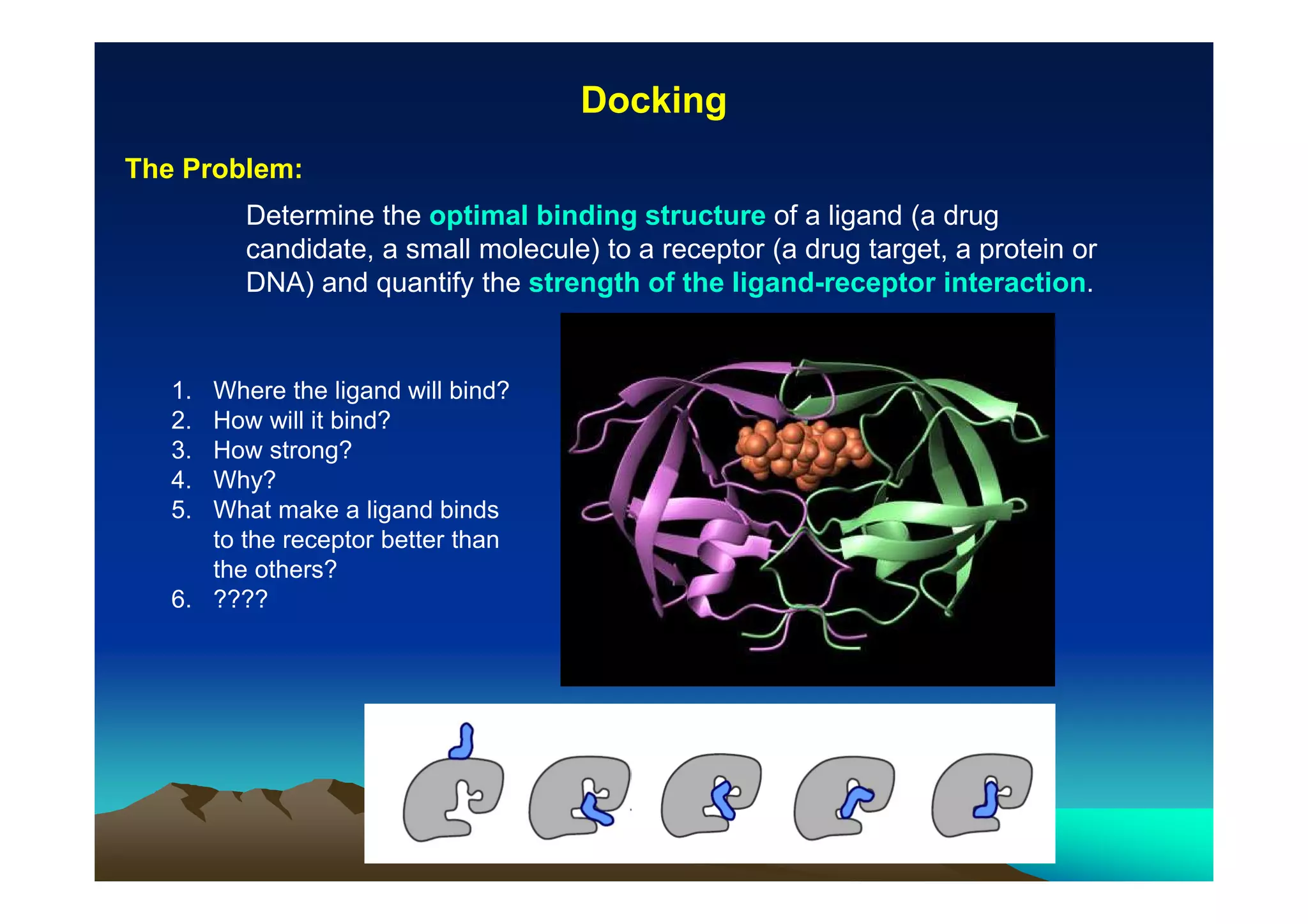 Docking
The Problem:
Determine the optimal binding structure of a ligand (a drug
candidate, a small molecule) to a receptor (a drug target, a protein or
DNA) and quantify the strength of the ligand-receptor interaction.

1.
2.
3.
4.
5.

Where the ligand will bind?
How will it bind?
How strong?
Why?
What make a ligand binds
to the receptor better than
the others?
6. ????

 
