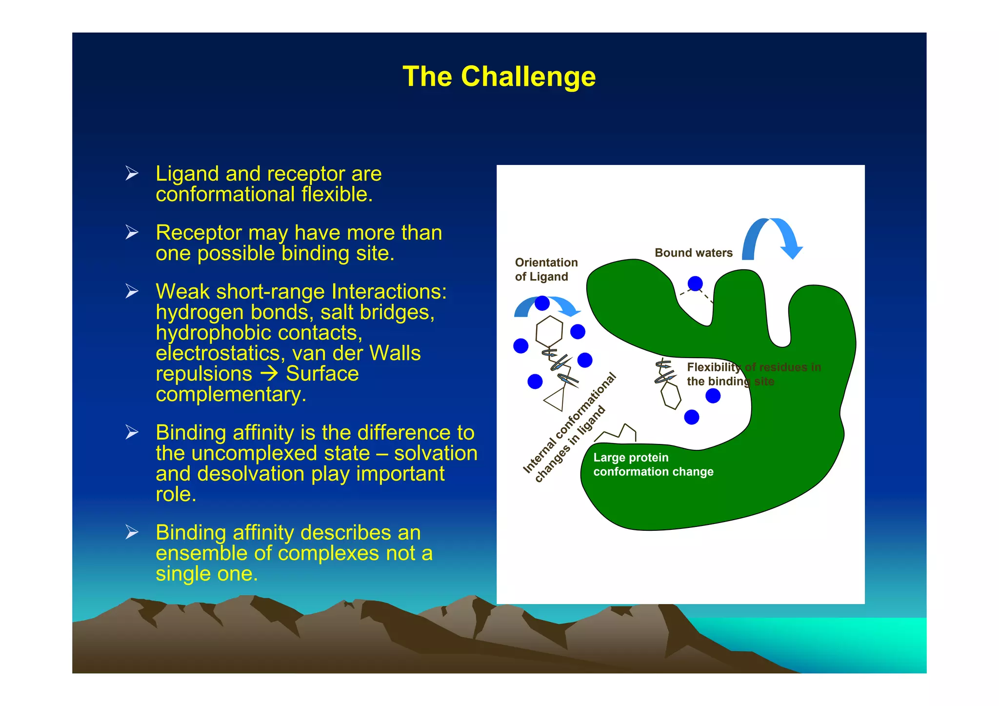 The Challenge

Ligand and receptor are
conformational flexible.
Receptor may have more than
one possible binding site.
Weak short-range Interactions:
hydrogen bonds, salt bridges,
hydrophobic contacts,
electrostatics, van der Walls
repulsions
Surface
complementary.
Binding affinity is the difference to
the uncomplexed state – solvation
and desolvation play important
role.
Binding affinity describes an
ensemble of complexes not a
single one.

Orientation
of Ligand

Bound waters

Flexibility of residues in
the binding site

Large protein
conformation change

 