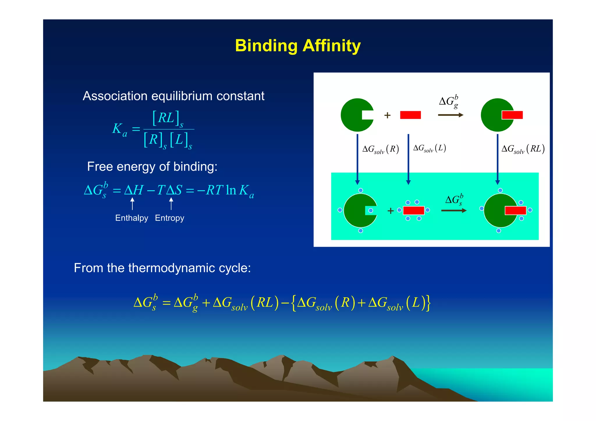 Binding Affinity
Association equilibrium constant

[ RL ]s
Ka =
[ R ]s [ L ]s

b
∆Gg

+
∆Gsolv ( R )

∆Gsolv ( L )

Free energy of binding:
b
∆Gs = ∆H − T ∆S = − RT ln K a
Enthalpy Entropy

+

From the thermodynamic cycle:
b
b
∆Gs = ∆Gg + ∆Gsolv ( RL ) − {∆Gsolv ( R ) + ∆Gsolv ( L )}

b
∆Gs

∆Gsolv ( RL )

 