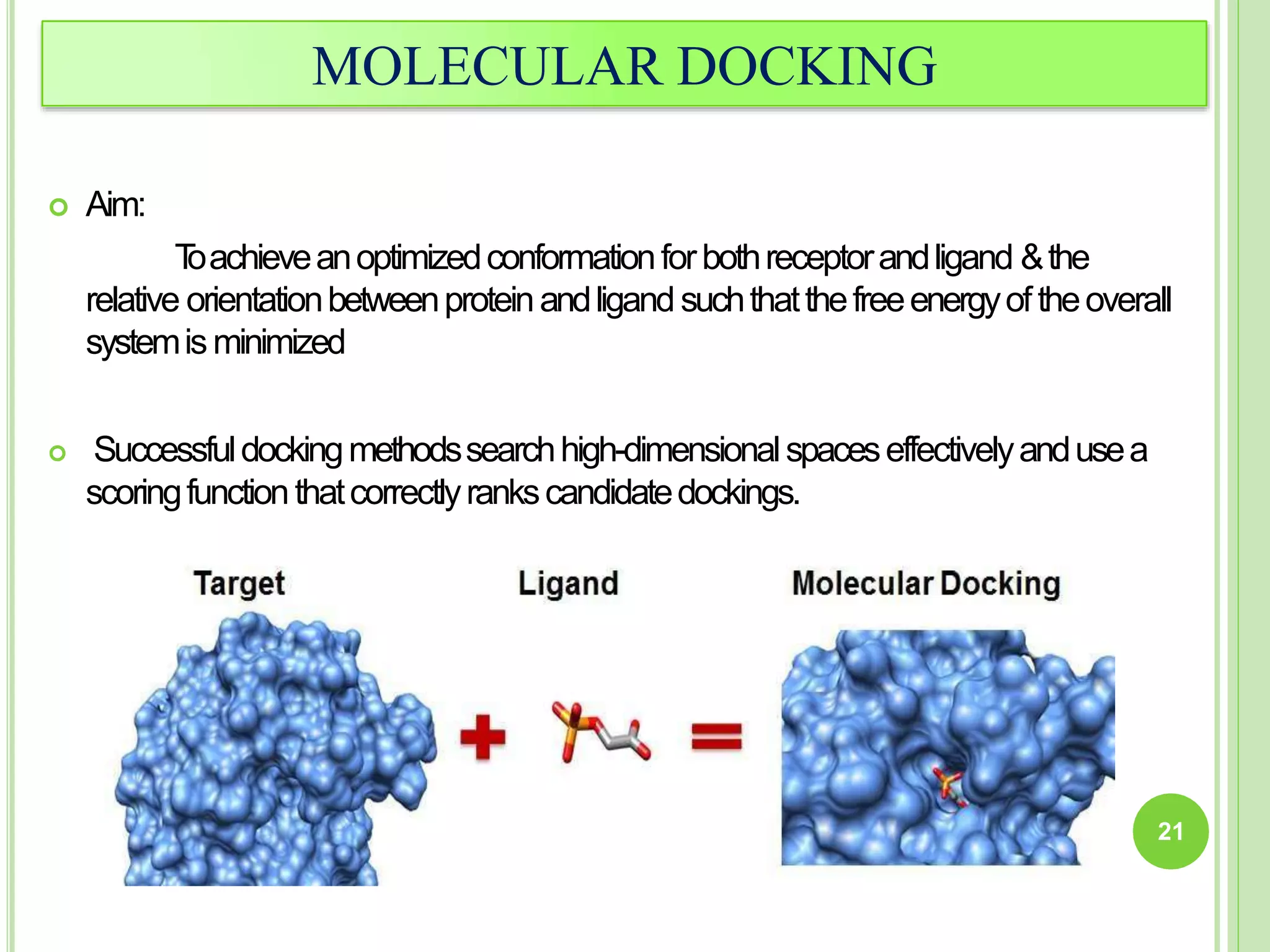 MOLECULAR DOCKING
 Aim:
T
oachieveanoptimizedconformationforbothreceptorandligand &the
relative orientationbetweenproteinandligandsuchthatthefreeenergyoftheoverall
systemisminimized
 Successfuldockingmethodssearchhigh-dimensionalspaceseffectivelyandusea
scoringfunctionthatcorrectlyrankscandidatedockings.
21
 
