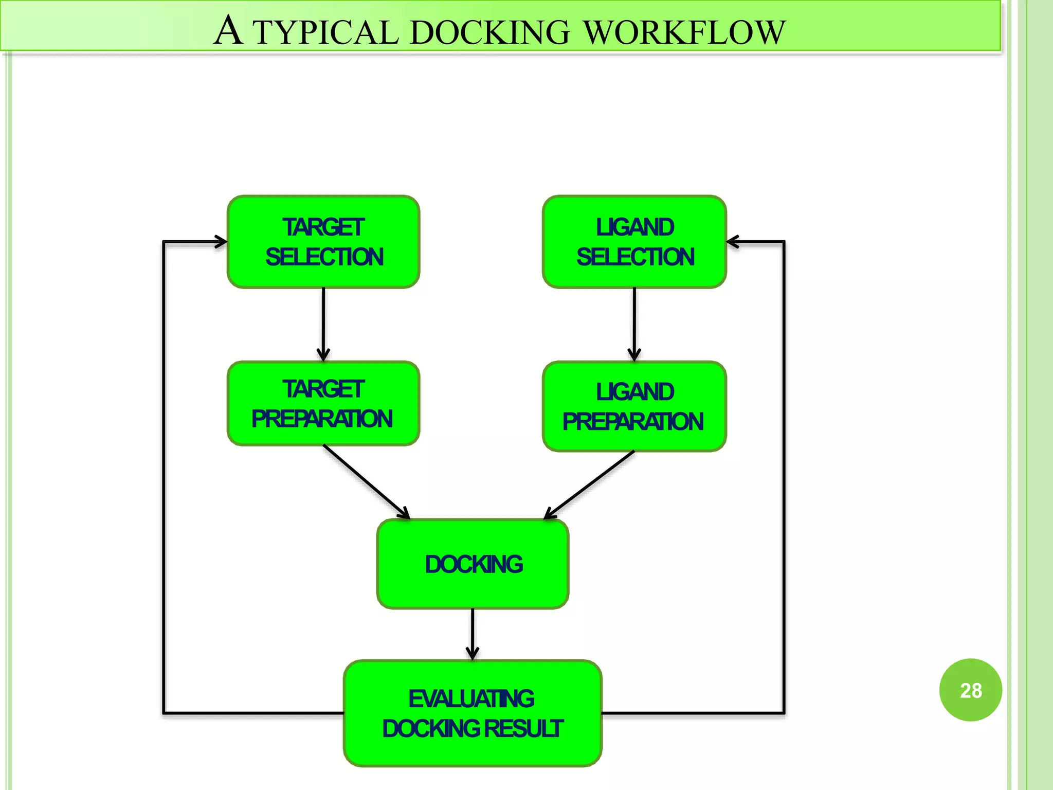 A TYPICAL DOCKING WORKFLOW
T
ARGET
SELECTION
LIGAND
SELECTION
T
ARGET
PREP
ARA
TION
EV
ALUA
TING
DOCKINGRESUL
T
DOCKING
LIGAND
PREP
ARA
TION
28
 