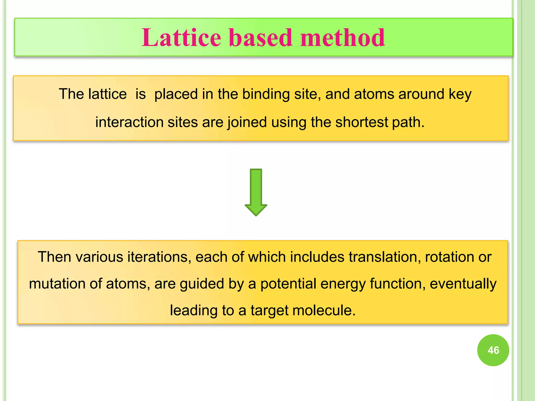 Lattice based method
The lattice is placed in the binding site, and atoms around key
interaction sites are joined using the shortest path.
Then various iterations, each of which includes translation, rotation or
mutation of atoms, are guided by a potential energy function, eventually
leading to a target molecule.
46
 