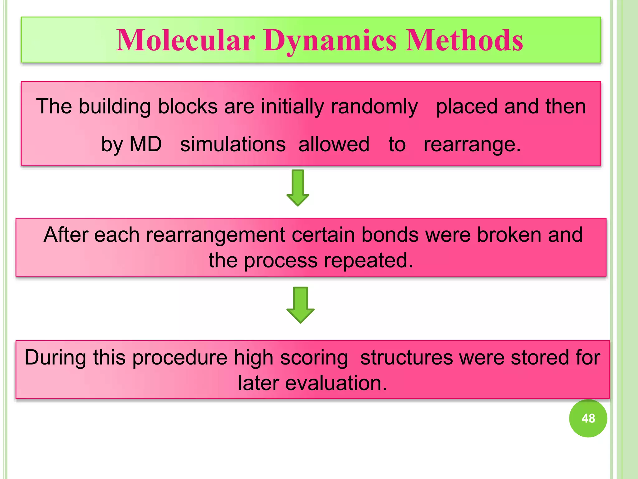 Molecular Dynamics Methods
The building blocks are initially randomly placed and then
by MD simulations allowed to rearrange.
After each rearrangement certain bonds were broken and
the process repeated.
During this procedure high scoring structures were stored for
later evaluation.
48
 