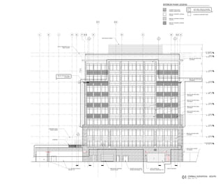 DF C
Level 3
EL. 132' - 2"
Level 4
EL. 146' - 2"
Level 5
EL. 160' - 2"
Level 6
EL. 174' - 2"
Level 7
EL. 188' - 2"
Level 8
EL. 202' - 2"
Level 9
EL. 216' - 2"
ROOF
EL. 235' - 2"
T.O. PARAPET
EL. 239' - 8"
AA.2E.8GHJKL BE
T.O. BULKHEAD
EL. 123' - 2"
02
A5.12
01
A5.12
10'-6"4'-6"19'-0"14'-0"14'-0"14'-0"14'-0"14'-0"14'-0"
04
A5.14
05
A5.15
SUSPENDED METAL
PANEL CANOPY
GUARDRAIL
PRECAST ARCHITECTURAL
CONCRETE
METAL COMPOSITE CLAD
STEEL CANOPY
MECHANICAL SCREEN
PRECAST ARCHITECTURAL
CONCRETE
PRECAST ARCHITECTURAL
CONCRETE
PRECAST ARCHITECTURAL
CONCRETE
PRECAST ARCHITECTURAL
CONCRETE
METAL PANEL CANOPY
TO GARAGE
01
A5.14
PRECAST ARCHITECTURAL
CONCRETE
PRECAST ARCHITECTURAL
CONCRETE
PRECAST ARCHITECTURAL
CONCRETE
OPEN TO BEYONDPAINTED HOLLOW METAL
DOORS AND FRAMES, TYP.
PREFINISHED OVERHEAD
COILING DOOR
3/4" TREATED PLYWOOD,
PAINTED, TYP.
01
A2.89
D.7 D.3
(TYPE"N")
8'-6"A.F.F.TYP.
2' - 0"2' - 0"4' - 11"EQ EQ
LIGHT FIXTURE, REF.
ELECTRICAL DRAWINGS, TYP.
3
3
3
EXTERIOR FINISH LEGEND
ADHERED THIN STONE
VENEER, LUEDER STONE
(NOT USED) - PRECAST CONCRETE
WITH CUSTOM EMBOSSED PATTERN
ALUMINUM COMPOSITE PANELPRECAST CONCRETE, INTEGRAL
COLOR 1
PRECAST CONCRETE, INTEGRAL
COLOR 2
PRECAST CONCRETE, INTEGRAL
COLOR 3
®
®
date
project number
title
The drawings and written material herein constitute original work of the
architect, and as intellectual property and instruments of service, are
subject to copyright and may not be reproduced, distributed, published
or used in any way without the express written consent of the architect.
plotted:
revisions
sheet
original issue
project
landscape architect
223 NORTH GRAHAM ST
CHARLOTTE, NORTH CAROLINA 28202
704.333.0325
structural engineer
RAYMOND L. GOODSON (RLG)
12001 N. CENTRAL EXPY., SUITE 300
DALLAS, TEXAS 75243
214.739.8100
mechanical engineer
JJA, Inc.
8150 N. CENTRAL EXPY., SUITE M-2100
DALLAS, TEXAS 75206
214.739.8880
construction manager
HILL & WILKINSON
2703 TELECOM PKWY, STE 120
RICHARDSON, TEXAS 75082
214.299.4300
civil engineer
222 WEST LAS COLINAS BLVD.
IRVING, TEXAS 75039, SUITE 1405 N
214.785.6009
architecture interiors planning graphics
8070 Park Lane, Ste. 300 Dallas, Texas 75231
Tel 972.701.9000 Fax 972.991.3008
www.bokapowell.com
design architect
2520 BROADWAY ST.
BOULDER, COLORADO 80304
720.565.0505
client/owner
BRIGHT REALTY
2520 KING ARTHUR BLVD., SUITE 200
LEWISVILLE, TEXAS 75056
972.410.6600
10/19/201811:37:24AM
C:BOKAPREVIT_PROJECTSARCH_14149_THE_REALM_CENTRAL_v16_jessary.rvt
A4.04
EXTERIOR ELEVATION - SOUTH
10.24.2018
PERMIT
14149.100
THE REALM AT CASTLE HILLS
LEWISVILLE, TEXAS
10.27.2017
10.27.2017
SCALE: 1/8" = 1'-0"01 OVERALL ELEVATION - SOUTH
3
1 WCPR 04 06.21.2018
2 RFI #54 09.06.2018
3 WCPR 10 10.24.2018
 