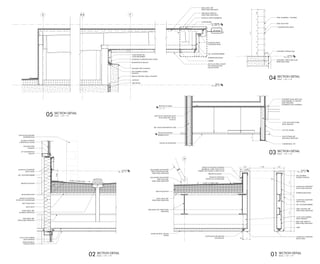 Level 3
EL. 132' - 2"
SLOPE 1/4" PER FT MIN
8"MIN.
AIR / MOISTURE BARRIER
STAINLESS STEEL
FLASHING
STEEL BEAM, REF.
STRUCTURAL DRAWINGS
MODULAR METAL
CEILING SYSTEM
METAL DECK
TREATED PLYWOOD
RIGID INSULATION
BATT INSULATION
GLAZED ALUMINUM
CURTAINWALL SYSTEM
THIN STONE MASONRY
VENEER BEYOND
3/4" BACKER ROD &
SEALANT
SINGLE PLY ROOFING
SYSTEM ON COVER BOARD
3-5/8" COLD FORMED
METAL FRAMING
ALUMINUM COMPOSITE
METAL PANEL
ROOF DRAIN, REF.
PLUMBING DRAWINGS
Level 3
EL. 132' - 2"
H
WEEP
AIR / MOISTURE BARRIER
SELF ADHERED
FLEXIBLE FLASHING
EXTERIOR SHEATHING
ALUMINUM COMPOSITE
METAL PANEL
SLOPE
ALUMINUM COMPOSITE
METAL PANEL
STEEL BEAM, REF. STRUCTURAL
DRAWINGS
3-5/8" COLD FORMED
METAL FRAMING
MODULAR METAL CEILING
SYSTEM
4'-6"
METAL DECK, REF.
STRUCTURAL DRAWINGS
GALVANIZED AND PAINTED
STEEL TENSION ROD, REF.
STRUCTURAL DRAWINGS TREATED PLYWOOD
SINGLE PLY ROOFING
SYSTEM ON COVER BOARD
SINGLE PLY ROOFING FLASHING
MEMBRANE, CARRY OVER TOP OF
PARAPET AND FASTEN AT FRONT FACE
RIGID INSULATION
9 1/8" 1' - 9 3/8" 9 1/8"
ALUMINUM COMPOSITE
METAL PANEL BEYOND
SLOPE 1/4" PER FT MIN
STEEL TUBE, REFER TO
STRUCTURAL DRAWINGS
STEEL CHANNEL, REF.
STRUCTURAL DRAWINGS
1'-9"2'-9"
3/4" 6"
CONTINUOUS BACKER ROD
AND SEALANT
GALVANIZED AND PAINTED
STEEL PLATE, REF.
STRUCTURAL DRAWINGS
BOTTOM OF MEP RATED SHAFT
ENCLOSURE, REF. DETAIL
05/A3.07
REF. PLANS FOR PARTITION TYPE
CEILING AS SCHEDULED
3-5/8" NON STRUCTURAL
METAL FRAMING
LIGHT FIXTURE, REF.
ELECTRICAL DRAWINGS
CONCRETE FILLED METAL PAN
STAIR ASSEMBLY W/ PAINTED
STEEL STRINGERS,
GUARDRAILS AND HANDRAILS
5/8" GYP. BOARD
6"
CORNER BEAD, TYP.
109' - 6"CEILING ELEVATIONS
REFERENCE RCP
111' - 6"
BOTTOM OF SHAFT
Level 9
EL. 216' - 2"
3 3/4"
STEEL GUARDRAIL / HANDRAIL
CONCRETE TOPPING SLAB
CONCRETE STRUCTURAL SLAB,
REFER STRUCTURAL
STEEL PLATE POST
1" DIAMETER STEEL RODS
61/2"5"5"5"5"5"5"51/2"
3'-6"
F
ROOF
EL. 235' - 2"
T.O. PARAPET
EL. 239' - 8"
E.8E
ALUMINUM COMPOSITE METAL PANEL
BACKER ROD & SEALANT
PRECAST ARCHITECTURAL CONCRETE
AIR SPACE
STAINLESS STEEL FLASHING
SELF ADHERED FLEXIBLE
FLASHING
FLUID APPLIED AIR /
MOISTURE BARRIER
FIRE SAFING
ACM CLAD STEEL CANOPY
WIH MODULAR METAL
CEILING SYSTEM
CARRIER
ALUMINUM METAL
COMPOSITE PANEL
EXTERIOR SHEATHING
AIR / MOISTURE BARRIER
SINGLE PLY ROOF MEMBRANE
COVER BOARD
METAL DECK, REF.
STRUCTURAL DRAWINGS
STEEL BEAM, REFER TO
STRUCTURAL DRAWINGS
4"
/02 A2.58
®
®
date
project number
title
The drawings and written material herein constitute original work of the
architect, and as intellectual property and instruments of service, are
subject to copyright and may not be reproduced, distributed, published
or used in any way without the express written consent of the architect.
plotted:
revisions
sheet
original issue
project
landscape architect
223 NORTH GRAHAM ST
CHARLOTTE, NORTH CAROLINA 28202
704.333.0325
structural engineer
RAYMOND L. GOODSON (RLG)
12001 N. CENTRAL EXPY., SUITE 300
DALLAS, TEXAS 75243
214.739.8100
mechanical engineer
JJA, Inc.
8150 N. CENTRAL EXPY., SUITE M-2100
DALLAS, TEXAS 75206
214.739.8880
construction manager
HILL & WILKINSON
2703 TELECOM PKWY, STE 120
RICHARDSON, TEXAS 75082
214.299.4300
civil engineer
222 WEST LAS COLINAS BLVD.
IRVING, TEXAS 75039, SUITE 1405 N
214.785.6009
architecture interiors planning graphics
8070 Park Lane, Ste. 300 Dallas, Texas 75231
Tel 972.701.9000 Fax 972.991.3008
www.bokapowell.com
design architect
2520 BROADWAY ST.
BOULDER, COLORADO 80304
720.565.0505
client/owner
BRIGHT REALTY
2520 KING ARTHUR BLVD., SUITE 200
LEWISVILLE, TEXAS 75056
972.410.6600
10/25/20184:54:21PM
C:BOKAPREVIT_PROJECTSARCH_14149_THE_REALM_CENTRAL_v16_jessary.rvt
A5.74
SECTION DETAILS
10.24.2018
PERMIT
14149.100
THE REALM AT CASTLE HILLS
LEWISVILLE, TEXAS
10.27.2017
10.27.2017
SCALE: 1 1/2" = 1'-0"02 SECTION DETAIL
SCALE: 1 1/2" = 1'-0"01 SECTION DETAIL
SCALE: 1 1/2" = 1'-0"03 SECTION DETAIL
SCALE: 1 1/2" = 1'-0"04 SECTION DETAIL
SCALE: 1 1/2" = 1'-0"05 SECTION DETAIL
1 Construction Documents 12.12.2017
2 WCPR 08 08.07.2018
3 WCPR 10 10.24.2018
3
 
