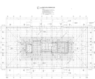 A A
4
4
5
5
6
6
7
7
CC
DD
A.2 A.2
BB
EE
E.8E.8
FF
2
2
9
9
10
10
1
1
1'-71/4"3'-7"7'-71/2"35'-0"
1'-6"
27'-0"
1'-6"
35'-0"7'-71/2"3'-7"1'-111/4"
18'-4" 20'-0" 35'-0" 30'-0" 30'-0" 30'-0" 35'-0" 20'-0" 18'-4"
245'-0"
125'-111/2"
3'-21/2"
2'-51/2"
4'-5"
41/2"
6'-3"6'-3"
41/2"
4'-5"
2'-51/2"3'-21/2"
1'-8"1'-10"1'-9"5'-6"
41/2"
5SPA@6'-3"=31'-3"41/2"1'-8"
41/2"
5SPA@6'-3"=31'-3"
41/2"
5'-6"1'-9"1'-10"
ELEV
ELEV
ELEV
ELEV
01
S7.02
04
S4.10
PG43PG45PG44
PG43PG45PG44
PG39PG41PG40PG38PG42
PG47
PG47
PG46
PG46
B57
B57 B58
B58
3
3
8
8
PG50PG52PG51
PG50PG52PG51
10.1 0.9
B.9B.9
D.1D.1
S2.14
01 CANOPY
FRAMING
ABOVE
S2.14
01
OH
CANOPY
FRAMING
ABOVE
TYP
AT
SCR
EEN
24"X24"
CO
N
C
CO
L
H
SS6X6X3/8
H
SS6X6X3/8
TYP
AT
CANO
PY
TYP
AT
CANO
PY
H
SS6X6X3/8
S2.14
02 ROOF
FRAMING
ABOVE
S2.14
03
235'-2"
TYP AT
PERIM
235'-2"
TYP AT
PERIM
235'-2"
TYP AT
PERIM
235'-2"
TYP AT
PERIM
235'-2"
TYP AT
PERIM
234'-2"
234'-2"
234'-2"
234'-2"
234'-10 1/2"
234'-10 1/2"
234'-2"
234'-2"
234'-10 1/2"
234'-10 1/2"
234'-2"
234'-2"
235'-2"
TYP AT
PERIM
235'-2"
TYP AT
PERIM
235'-2"
TYP AT
PERIM
01
S6.10
02
S6.10
02
S6.10
04
S6.10
03
S6.10
02
S6.10
02
S6.10
03
S6.10
01
S6.10
02
S6.10
02
S6.10
01
S6.10
02
S6.10
02
S6.10
04
S6.10
03
S6.10
02
S6.10
02
S6.10
03
S6.10
01
S6.10
02
S6.10
02
S6.10
PG53PG55PG54
PG57PG59
PG53PG55PG56
PG53PG55PG54
01
S6.11
02
S6.11
02
S6.11
02
S6.11
02
S6.11
PG39PG41PG81PG38PG42
B58 B58B58 B58
B59 B60
B58
B58
B58 B58 B58
B58
B59 B60
S2.12
04
PG58
B61
B62
B62
B62 B63
B62
B63B62B62B61
B65
B63
B59 B60B58B57
TYP AT
SCREEN
03
S7.02
TYP
AT
M
EC
H
B136
B69 B70
B71
B67
B68
B70 B71B72
B73 B74 B75 B76 B77 B78
B73 B74 B75 B76 B77 B78
B79 B80 B81
B139 B140 B141
B82
B82
03
S7.01
05
S7.01
03
S4.10
04
S4.10
03
S4.10
TYP AT
SCREEN
COLS
4'-2" 4'-2"
B60
B125
B57
73'-10 3/4" 31'-10 1/4" 33'-6" 31'-10 1/4" 73'-10 3/4"
3'-7 1/4" 3'-7 1/4"
02
S6.11
AT NANA
WALL
PRECAST CONCRETE PANEL
BY PRECAST ENGINEER -
REF ARCH (TYP)
CANOPY BELOW -
SEE 01/S6.10 FOR
FRAMING (TYP)
B64
B138
B138
B138
B138
B148
B148
B148
B148
B145
B138
B148
B148
B148
B148B148
B148
B148B148
B148
B148
B148
B138
B148
1'-71/4"2'-1"2'-6"
9"
5'-6"
41/2"
1'-111/4"2'-1"2'-6"
9"
5'-6"
41/2"
STAIR #1
S2.13
03
03
S7.01
SIM
1'-9"
5'-6"
41/2"
5SPA@6'-3"=31'-3"41/2"1'-8"
3'-21/2"
2'-51/2"
4'-5"
41/2"
6'-3"6'-3"
41/2"
4'-5"
2'-51/2"
3'-21/2"
1'-8"41/2"5SPA@6'-3"=31'-3"
41/2"
5'-6"
1'-9"
1'-10"1'-10"
1'-9" 1'-9"
2'-11/4"2'-1"
1'-5 1/2"
2'-5 1/2"
1'-8 1/2"1'-8 1/2"
2'-5 1/2"
1'-5 1/2"
3'-41/4"118'-11"3'-81/4"
1'-10"1'-10"
245'-0"
1'-8 1/2" 2'-5 1/2" 18'-4" 20'-0" 35'-0" 30'-0" 30'-0" 30'-0" 35'-0" 20'-0" 18'-4" 2'-5 1/2" 1'-8 1/2"
73'-10 3/4" 97'-2 1/2" 73'-10 3/4"
3'-7 1/4"3'-7 1/4"
125'-111/2"
1'-111/4"3'-7"7'-71/2"35'-0"1'-6"27'-0"1'-6"35'-0"7'-71/2"3'-7"1'-71/4"
REF 01/S2.14
FOR HSS 6X6
DIM CONTROL
14'-8" 14'-8"
3"12'-63/4"
3"
3"
14'-8" 14'-8"
3"12'-103/4"
3"
3"
3'-4"
1'-61/2"
1'-41/2"
5'-6"5'-6"
1'-41/2"
1'-61/2"
3'-4"
2'-51/2"
1'-61/2"
3'-4"
2'-51/2"
1'-61/2"
3'-4"
4'-5"
51/2"31/2"
2'-6"
B143
B14204
S7.02
B148
B148
B144
B148
B138
B138
B148B148
H
SS6X6X3/8
TYP
AT
STAIR
S7.01
07OH
S7.01
07
03
S7.01
05
S7.01
1'-7 1/4"
1'-4 1/4"
1'-4 1/4"
1'-7 1/4"
8" CONC CURB
B145B145B145
1'-2"
1'-2"
1'-2"
1'-2"
1'-2"
1'-2"
5'-6"2'-9"3'-6"
2'-7"
1'-8"
1'-61/2"
1'-8"
3'-21/2"
1'-41/2"
5'-6"
4'-5"9"5'-6"2'-11"4'-5"
9"
4'-5"9"5'-6"9"1'-10"5'-6"
9"
5'-6"2'-11"3'-4"
B147
B135
B146
B149
B146
B148
B148
B148
B148
3
3
3
3
3
3
3
3
3
3
3
3
3
3
3 3
3
33
3
3
H
SS6X6X5/16
TYP
AT
AC
C
H
1'-17/8"20'-7"
4
4
4
STEP CURB @ DOOR-
REF ARCH FOR
T/ CURB EL
STEP CURB @ DOOR- REF
ARCH FOR T/ CURB EL
B148B148B148B148
B148B148B148B148
PLAN NOTES:
1. ALL ELEVATIONS ARE REFERENCED TO LEVEL 1 FINISHED FLOOR
EL = 100'-0" (576.0'). REFERENCE SITE PLAN FOR ABSOLUTE ELEVATIONS.
2. SEE S1 SERIES FOR GENERAL NOTES.
3. SEE S3 SERIES FOR COLUMN, BEAM AND GIRDER SCHEDULES.
4. SEE S4 SERIES SHEETS FOR TYPICAL DETAILS.
5. GC SHALL SUBMIT PROPOSED CONSTRUCTION JOINTS FOR REVIEW.
- DENOTES TOP OF SLAB ELEVATION
- HATCHED AREA INDICATES EXTENTS OF 5 1/2" THICK
SLAB - REF 04/S4.10.
7.
6. XXX'-X"
®
®
date
project number
title
The drawings and written material herein constitute original work of the
architect, and as intellectual property and instruments of service, are
subject to copyright and may not be reproduced, distributed, published
or used in any way without the express written consent of the architect.
plotted:
revisions
sheet
original issue
project
landscape architect
223 NORTH GRAHAM ST
CHARLOTTE, NORTH CAROLINA 28202
704.333.0325
structural engineer
RAYMOND L. GOODSON (RLG)
12001 N. CENTRAL EXPY., SUITE 300
DALLAS, TEXAS 75243
214.739.8100
mechanical engineer
JJA, Inc.
8150 N. CENTRAL EXPY., SUITE M-2100
DALLAS, TEXAS 75206
214.739.8880
construction manager
HILL & WILKINSON
2703 TELECOM PKWY, STE 120
RICHARDSON, TEXAS 75082
214.299.4300
civil engineer
222 WEST LAS COLINAS BLVD.
IRVING, TEXAS 75039, SUITE 1405 N
214.785.6009
architecture interiors planning graphics
8070 Park Lane, Ste. 300 Dallas, Texas 75231
Tel 972.701.9000 Fax 972.991.3008
www.bokapowell.com
design architect
2520 BROADWAY ST.
BOULDER, COLORADO 80304
720.565.0505
client/owner
BRIGHT REALTY
2520 KING ARTHUR BLVD., SUITE 200
LEWISVILLE, TEXAS 75056
972.410.6600
PERMIT 10.27.2017
10/24/20184:56:44PM
C:UsersmcroweDocuments15551_Struct_TheRealm_Central_R16_mcrowe.rvt
S2.10
ROOF FRAMING PLAN
14149.100
THE REALM AT CASTLE HILLS
LEWISVILLE, TEXAS
1/8" = 1'-0"01 ROOF LEVEL FRAMING PLAN
1
1
1
1 1
111
1
1
1
1
1
1
1
1
1
1
1 1
1
1
1
1
1
1
1
1
1 1 1
1
2
3
1 Construction Documents 12/19/2017
2 WCPR 01 03/09/2018
3 WCPR 04 06/21/2018
4 WCPR 10 10/24/2018
 