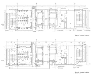 UP
D
C
4567
17' - 7" 30' - 0" 30' - 0" 30' - 0" 17' - 7"
5' - 8" 4' - 6 7/8" 5' - 0 3/8" 24' - 7" 5' - 7 3/4" 11' - 11 1/4" 10' - 3 1/2" 11' - 9 1/8" 15' - 6 5/8" 14' - 5 3/8" 10' - 5 3/8" 5' - 2 3/4"
30'-0"
1'-6"27'-0"1'-6"
22'-31/4"3'-1"4'-73/4"
9'-7"12'-81/4"3'-1"4'-73/4"
6'-61/2"4'-91/2"3'-8"3'-8"11'-4"
18'-73/8"6'-0"5'-45/8"
/03 A3.60
/03 A3.61
302A
304A303A
306A
307A
308A
311A
312A
/02 A3.62
WOMEN
304
MEN
303
RESTROOM
LOBBY
305
JANITOR
306
STORAGE
307
ELEVATOR
LOBBY
301
SERVICE
VESTIBULE
308
FAN
311
STAIR #2
312
STAIR #1
302
6'-61/2"20'-81/2"2'-9"
6'-61/2"20'-5"3'-01/2"
8' - 6"11' - 11 1/4"
ELECTRICAL
310
PHONE
309
/02 A2.55
1'-71/2"1'-5"
RECESSED FIRE EXTINGUISHER
CABINEET
RECESSED FIRE
EXTINGUISHER
CABINEET
CONCRETE COLUMN, REF.
STRUCTURAL DRAWINGS
1' - 10" 2' - 6 1/8"
CONCRETE COLUMN, REF.
STRUCTURAL DRAWINGS
RECESSED FIRE EXTINGUISHER
CABINET
SLAB OPENING, REF. STRUCTURAL
AND ELECTRICAL DRAWINGS
H4
F3
F3
F3F3
H2
H2
H2
C4
C2
D3D3
H6 C4
F2
H3
F2
F2 H3 F2
F2
F2F2
H3
H4
C2
C2
F3F3
F3F3
F3
C2
C2
F3F3
F3F3
D3D3
D3D3
D3D3
D3
C2
D3
F3
H3H3F2F2
F2F2
H3 F2
F2D3
F2 F2
D3
C2
C2
D3C2C2
D3
D3 D3
F2F2F2 F2
D5C2
C2
G2
D3D3 D3D3D3D3D3
C2
C2
C2
125' - 2"
2
D
C
4567
/04 A3.60
/04 A3.61
WOMEN
904
MEN
903
RESTROOM
LOBBY
905
JANITOR
906
ELEVATOR
LOBBY
901
STORAGE
907
SERVICE
VESTIBULE
908
STAIR #2
912
STAIR #1
902
/02 A3.62
904A903A
906A
907A
908A
912A
902A
125' - 2"
17' - 7" 30' - 0" 30' - 0" 30' - 0" 17' - 7"
5' - 8" 4' - 6 7/8" 5' - 0 3/8" 24' - 6 3/4" 5' - 8" 22' - 2 3/4" 10' - 10 1/4" 30' - 10 7/8" 10' - 5 3/8" 5' - 2 3/4"
1'-6"27'-0"1'-6"
22'-41/4"3'-0"4'-73/4"
9'-71/8"12'-91/8"3'-0"4'-73/4"
6'-91/2"20'-21/2"3'-0"
6'-61/2"20'-5"3'-01/2"
6'-91/2"4'-61/2"3'-8"3'-8"11'-4"
ELECTRICAL
910
PHONE
909
FAN
911
/02 A2.55
1' - 10" 2' - 5" CONCRETE COLUMN, REF.
STRUCTURAL DRAWINGS
RECESSED FIRE EXTINGUISHER
CABINET
MECHANICAL EQUIPMENT,
REF. MECHANICAL DRAWINGS
CONCRETE COLUMN, REF.
STRUCTURAL DRAWINGS
RECESSED FIRE EXTINGUISHER
CABINET
1'-71/4"
1'-51/8"
4'-23/4"4'-0"4'-91/2"4'-0"3'-43/4"
CONCRETE COLUMN, REF.
STRUCTURAL DRAWINGS
22'-41/4"7'-73/4"
RECESSED FIRE
EXTINGUISHER
CABINET
SLAB OPENING, REF. STRUCTURAL
AND ELECTRICAL DRAWINGS
C2
C4
F3F3F3
F3 H6H4
C4
C2
C2
H2H2
C2
F3 F3F3
F3F3
F3
F3
F3F3
F3F3
D3D3
D3D3
D3
D3D3D3
C2
C2 C2
D3D3D3 D3
C2
C2
D3D3D3
C2C2
C2
F2F2F2F2
C2 C2
G2
D5
D3D3D3 D3
C2
D3D3D3D3
F2F2F2F2
C2
F2
H3
F2F2
F2
F2 H3H3
30'-0"
3'-13/4"4'-0"5'-11"4'-0"3'-13/4"
4' - 6" 5' - 0" 5' - 8"
2
®
®
date
project number
title
The drawings and written material herein constitute original work of the
architect, and as intellectual property and instruments of service, are
subject to copyright and may not be reproduced, distributed, published
or used in any way without the express written consent of the architect.
plotted:
revisions
sheet
original issue
project
landscape architect
223 NORTH GRAHAM ST
CHARLOTTE, NORTH CAROLINA 28202
704.333.0325
structural engineer
RAYMOND L. GOODSON (RLG)
12001 N. CENTRAL EXPY., SUITE 300
DALLAS, TEXAS 75243
214.739.8100
mechanical engineer
JJA, Inc.
8150 N. CENTRAL EXPY., SUITE M-2100
DALLAS, TEXAS 75206
214.739.8880
construction manager
HILL & WILKINSON
2703 TELECOM PKWY, STE 120
RICHARDSON, TEXAS 75082
214.299.4300
civil engineer
222 WEST LAS COLINAS BLVD.
IRVING, TEXAS 75039, SUITE 1405 N
214.785.6009
architecture interiors planning graphics
8070 Park Lane, Ste. 300 Dallas, Texas 75231
Tel 972.701.9000 Fax 972.991.3008
www.bokapowell.com
design architect
2520 BROADWAY ST.
BOULDER, COLORADO 80304
720.565.0505
client/owner
BRIGHT REALTY
2520 KING ARTHUR BLVD., SUITE 200
LEWISVILLE, TEXAS 75056
972.410.6600
10/19/201811:32:23AM
C:BOKAPREVIT_PROJECTSARCH_14149_THE_REALM_CENTRAL_v16_jessary.rvt
A2.52
ENLARGED PLANS
10.24.2018
PERMIT
14149.100
THE REALM AT CASTLE HILLS
LEWISVILLE, TEXAS
10.27.2017
10.27.2017
SCALE: 1/4" = 1'-0"01 LEVEL 3 ENLARGED CORE PLAN
SCALE: 1/4" = 1'-0"02 LEVEL 9 ENLARGED CORE PLAN
1 WCPR 01 03.09.2018
2 WCPR 10 10.24.2018
 