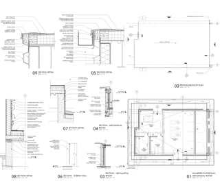 D
C
4
5
02/A4.10
01/A4.10
03/A4.10
04/A4.10
MECHANICAL
1001
1003
1001
1'-61/2"27'-0"1'-10"
30'-41/2"
9' - 6 5/8" 8' - 2"
1' - 6 1/2" 23' - 11 1/4" 14' - 3 5/8" 8' - 11 3/8"
48' - 8 3/4"
2' - 8 3/4" 28' - 10 1/4" 8' - 2 7/8" 8' - 11 3/8"
18'-41/4"12'-01/4"
11'-93/8"
46' - 0 1/2"
05
A2.72
03
A2.57
ROOF DRAIN &
OVERFLOW DRAIN
04
A2.57
1002
05
A2.72
ELECTRICAL
1004
VESTIBULE
1002
ELEV
CONTROLS
1003
H3
H3
H1
1004
F2
C
ROOF
EL. 235' - 2"
PENTHOUSE
EL. 248' - 1 1/2"
CAST IN PLACE
CONCONRETE WALL
4" RIBBED METAL
PANEL WALL
BATT INSULATION,
R-19 MIN.
/09 A2.57
D
C
02/A4.10
01/A4.10
03/A4.10
04/A4.10
03
A2.57
04
A2.57
PREFINISHED SHEET METAL GUTTER
SPLASH BLOCK
SLOPE 1/4" PER FOOT
05
A2.57
5
ROOF
EL. 235' - 2"
PENTHOUSE
EL. 248' - 1 1/2"
CAST IT PLACE
CONCRETE WALL
/08 A2.57
4" FORMED METAL
WALL PANEL
BATT INSULATION,
R-19 MIN.
COMPOSITE METAL DECK,
REFER TO STRUCTURAL
CONCRETE ROOF SLAB,
REFER TO STRUCTURAL
/09 A2.57
O.H.
PRE-FINISHED METAL
PANEL, TYPICAL
CONTINOUS CLEAT AND
SHEET METAL FASCIA TRIM
PRE-FINISHED SHEET
METAL GUTTER
SINGLE PLY ROOF
MEMBRANE, LAP OVER
BLOCKING AT FASCIA
TREATED 2x BLOCKING
SELF ADHERED
VAPOR BARRIER
DOWNSPOUT,
BEYOND
FLEXIBLE FLASHING - LAP
FROM ROOF DECK TO FLUID
APPLIED MOISTURE BARRIER
GUTTER BRACKET WITH
FASTENERS TO BLOCKING
SHEET METAL OR MEMBRANE
COATED METAL TRIM / FASCIA
MEMBRANE FLASHING - BOND
TO ROOF MEMBRANE & METAL
TRIM PER MANUFACTURER
RIGID INSULATION AND
COVER BOARD
EXTERIOR SHEATHING,
TYPICAL
THERMAL BARRIER
5
ROOF
EL. 235' - 2"
4" FORMED METAL PANEL, TYPICAL
FLEXIBLE FLASHING, LAP OVER METAL
FLASHING, TYPICAL
TRIM /CLOSURE AT METAL PANEL FLASH
AT WALL CONNECTION & PROVIDE
WEEP DRAINAGE AS REQUIRED
TWO PIECE COUNTER
FLASHING SYSTEM
TERMINATION BAR & FASTENER
EXTERIOR SHEATHING, TYPICAL
AIR/MOISTURE BARRIER
CAST IN PLACE CONCRETE WALL
RIGID INSULATION
EMBEAD PLATE, REFER TO
STRUCTURAL
COMPOSITE METAL DECK,
REFER TO STRUCTURAL
CONCRETE ROOF SLAB,
REFER TO STRUCTURAL
COVER BOARD
SINGLE-PLY MEMBRANE
FLASHING EXTENDED OVER
ROOF MEMBRANE
SINGLE PLY ROOF
MEMBRANE
ROOF
EL. 235' - 2"
4" FORMED METAL
WALL PANEL BEYOND
CAST IN PLACE
CONCRETE WALL,
REFER TO STRUCTURAL
SINGLE PLY ROOF
MEMBRANE
RIGID INSULATION
1/2" COVERBOARD
AIR & MOISTURE
BARRIER
1/2" EXTERIOR
SHEATHING
ROOF
EL. 235' - 2"
4" RIBBED METAL
PANEL MECHANICAL
SCREEN WALL
CONCRETE
COLUMN BEYOND,
REF. STRUCTURAL
DRAWINGS
13'-8"1'-4"
15'-0"
PRE-FINISHED METAL
PANEL, TYPICAL
SINGLE PLY ROOF
MEMBRANE, LAP OVER
BLOCKING AT FASCIA
TREATED 2x BLOCKING
SELF ADHERED
VAPOR BARRIER
FLEXIBLE FLASHING - LAP
FROM ROOF DECK TO FLUID
APPLIED MOISTURE BARRIER
SHEET METAL OR
MEMBRANE COATED
METAL TRIM / FASCIA
MEMBRANE FLASHING - BOND
TO ROOF MEMBRANE & METAL
TRIM PER MANUFACTURER
RIGID INSULATION
AND COVER BOARD
EXTERIOR SHEATHING,
TYPICAL
THERMAL BARRIER
®
®
date
project number
title
The drawings and written material herein constitute original work of the
architect, and as intellectual property and instruments of service, are
subject to copyright and may not be reproduced, distributed, published
or used in any way without the express written consent of the architect.
plotted:
revisions
sheet
original issue
project
landscape architect
223 NORTH GRAHAM ST
CHARLOTTE, NORTH CAROLINA 28202
704.333.0325
structural engineer
RAYMOND L. GOODSON (RLG)
12001 N. CENTRAL EXPY., SUITE 300
DALLAS, TEXAS 75243
214.739.8100
mechanical engineer
JJA, Inc.
8150 N. CENTRAL EXPY., SUITE M-2100
DALLAS, TEXAS 75206
214.739.8880
construction manager
HILL & WILKINSON
2703 TELECOM PKWY, STE 120
RICHARDSON, TEXAS 75082
214.299.4300
civil engineer
222 WEST LAS COLINAS BLVD.
IRVING, TEXAS 75039, SUITE 1405 N
214.785.6009
architecture interiors planning graphics
8070 Park Lane, Ste. 300 Dallas, Texas 75231
Tel 972.701.9000 Fax 972.991.3008
www.bokapowell.com
design architect
2520 BROADWAY ST.
BOULDER, COLORADO 80304
720.565.0505
client/owner
BRIGHT REALTY
2520 KING ARTHUR BLVD., SUITE 200
LEWISVILLE, TEXAS 75056
972.410.6600
10/25/20184:53:47PM
C:BOKAPREVIT_PROJECTSARCH_14149_THE_REALM_CENTRAL_v16_jessary.rvt
A2.57
ENLARGED PLANS
10.24.2018
PERMIT
14149.100
THE REALM AT CASTLE HILLS
LEWISVILLE, TEXAS
10.27.2017
10.27.2017
SCALE: 1/4" = 1'-0"01
ENLARGED FLOOR PLAN -
MECHANICAL ROOM
SCALE: 1/4" = 1'-0"03
SECTION - MECHANICAL
ROOM
SCALE: 1/4" = 1'-0"02 PENTHOUSE ROOF PLAN
SCALE: 1/4" = 1'-0"04
SECTION - MECHANICAL
ROOM
SCALE: 3" = 1'-0"05 SECTION DETAIL
SCALE: 1 1/2" = 1'-0"08 SECTION DETAIL
SCALE: 1 1/2" = 1'-0"07 SECTION DETAIL
SCALE: 1/4" = 1'-0"06 SECTION - SCREEN WALL
SCALE: 3" = 1'-0"09 SECTION DETAIL
1 Construction Documents 12.12.2017
2 WCPR 01 03.09.2018
3 WCPR 04 06.21.2018
4 WCPR 10 10.24.2018
4
4
4
 