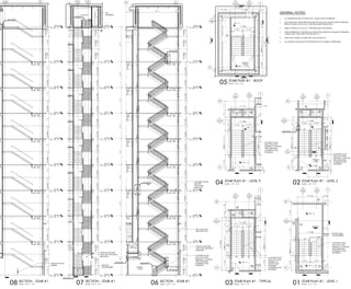 UP
UP
UP
DN UP
D
C
706
A3.60
7"7'-81/2"7'-31/2"7TREADS@11"=6'-5"6'-01/2"
CONCRETE FILLED
METAL PAN STAIR
ASSEMBLY W/ PAINTED
STEEL STRINGERS,
GUARDRAILS, AND
HANDRAILS
D4
D4 H3
10' - 4 3/8" 1' - 10 7/8"
H3
D4
PAINTED STEEL
FLOOR BARRIER
07
A3.60
01/A3.71
9' - 6" CLEAR
100' - 0"
1/2" 4' - 6 1/2" 4" 4' - 6 1/2" 1/2"
104' - 6 1/2"
1'-0"1'-0"
2' - 5"
08
A3.60
D
C
706
A3.60
9' - 6" CLEAR
1/2" 4' - 6 1/2" 4" 4' - 6 1/2" 1/2"
F2F2
H3
117/8"
204A
07
A3.60
CONCRETE FILLED
METAL PAN STAIR
ASSEMBLY W/ PAINTED
STEEL STRINGERS,
GUARDRAILS AND
HANDRAILS
/08 A3.70
09
A3.70
STAIR #1
204
8' - 1"
H3
F2
F2F2
5'-4"11TREADS@11"=10'-1"5'-117/8"
2' - 5"
111' - 4 1/4"
1'-0"1'-0"
5'-117/8"11TREADS@11"=10'-1"5'-4"
118'-2"
H3
F2
08
A3.60
D
C
7
06
A3.60
5'-117/8"11TREADS@11'=10'-1"5'-4"2'-111/8"3'-77/8"
9' - 6" CLEAR
1/2" 4' - 6 1/2" 4" 4' - 6 1/2" 1/2"
132' - 2"
2' - 3 3/4"
F2F2
D3
H3
302A
07
A3.60
CONCRETE FILLED
METAL PAN STAIR
ASSEMBLY W/
PAINTED STEEL
STRINGERS,
GUARDRAILS AND
HANDRAILS
F2
H3
1'-0"1'-0"
21'-4223/256"
5'-117/8"11TREADS@11"=10'-1"5'-4"
H3
F2
08
A3.60
D
C
706
A3.60
9' - 6" CLEAR
1/2" 4' - 6 1/2" 4" 4' - 6 1/2" 1/2"
5'-117/8"11TREADS@11"=10'-1"5'-4"3'-0"3'-7"
216' - 2"
902A
9' - 7 1/4" 2' - 3 3/4"
117/8"
F2F2
F2
F2
H3
07
A3.60
CONCRETE FILLED
METAL PAN STAIR
ASSEMBLY W/ PAINTED
STEEL STRINGERS,
GUARDRAILS AND
HANDRAILS
1'-0"1'-0"
209' - 2"
F2H3
08
A3.60
11TREADS@11"=10'-1"
Level 1
EL. 100' - 0"
Level 2
EL. 118' - 2"
D C
Level 3
EL. 132' - 2"
Level 4
EL. 146' - 2"
Level 5
EL. 160' - 2"
Level 6
EL. 174' - 2"
Level 7
EL. 188' - 2"
Level 8
EL. 202' - 2"
Level 9
EL. 216' - 2"
ROOF
EL. 235' - 2"
18'-2"14'-0"14'-0"14'-0"14'-0"
REF. PLANS FOR
PARTITION TYPE
14'-0"14'-0"14'-0"
CONCRETE FILLED
METAL PAN STAIR
ASSEMBLY W/ PAINTED
STEEL STRINGERS,
GUARDRAILS AND
HANDRAILS
9EQ.RISERS=
5'-21/8"
12EQ.RISERS=
6'-107/8"
12EQ.RISERS=
6'-107/8"12EQ.RISERS=7'-0"12EQ.RISERS=7'-0"12EQ.RISERS=7'-0"12EQ.RISERS=7'-0"12EQ.RISERS=7'-0"12EQ.RISERS=7'-0"12EQ.RISERS=7'-0"12EQ.RISERS=7'-0"12EQ.RISERS=7'-0"12EQ.RISERS=7'-0"12EQ.RISERS=7'-0"12EQ.RISERS=7'-0"12EQ.RISERS=7'-0"12EQ.RISERS=7'-0"
12EQ.RISERS
6'-93/4"
12EQ.RISERS=
6'-93/4"
8EQ.RISERS=
4'-61/2"
3' - 7"
3' - 0"
20' - 5" 11 7/8"
CONCRETE FLOOR
SLAB, REF.
STRUCTURAL
DRAWINGS
SURFACE MOUNTED
LIGHT, REF. ELECTRICAL
DRAWINGS
STAIR #1
125
/06 A3.70
/05 A3.70
/04 A3.70
/07 A3.71
OPP.
/03 A5.74
19'-0"
GENERAL NOTES:
1. ALL DIMENSIONS ARE TO FINISH FACE, UNLESS NOTED OTHERWISE.
2. EXIT STAIRS ENCLOSURE PARTITIONS ARE TYPE H(X) & F(X) UNLESS NOTED OTHERWISE.
REFER TO SHEETS A3.00 & A3.01 FOR APPLICABLE INFROMATION.
3. REFER TO SHEETS A3.70 & A3.71 FOR APPLICABLE STAIR DETAILS.
4. STAIR UNDERSIDE OF LANDING & ALL STRUCTURAL ELEMENTS (CHANNELS, STRINGERS,
ANGLES, MISC. STEEL) ARE TO BE PAINTED (P-1).
5. STAIR WALLS INSIDE & OUTSDIE ARE TO BE PAINTED (P-1).
6. ALL DOORS IN STAIRS ARE TO BE FIRE RATED WITH CLOSERS & THRESHOLDS
Level 1
EL. 100' - 0"
Level 2
EL. 118' - 2"
7
Level 3
EL. 132' - 2"
Level 4
EL. 146' - 2"
Level 5
EL. 160' - 2"
Level 6
EL. 174' - 2"
Level 7
EL. 188' - 2"
Level 8
EL. 202' - 2"
Level 9
EL. 216' - 2"
ROOF
EL. 235' - 2"
06
A3.60
8EQ.RISERS=
4'-61/2"
12EQ.RISERS=
6'-93/4"
12EQ.RISERS=
6'-93/4"12EQ.RISERS=7'-0"12EQ.RISERS=7'-0"12EQ.RISERS=7'-0"12EQ.RISERS=7'-0"12EQ.RISERS=7'-0"12EQ.RISERS=7'-0"12EQ.RISERS=7'-0"12EQ.RISERS=7'-0"12EQ.RISERS=7'-0"12EQ.RISERS=7'-0"12EQ.RISERS=7'-0"12EQ.RISERS=7'-0"12EQ.RISERS=7'-0"12EQ.RISERS=7'-0"
12EQ.RISERS=
6'-107/8"
12EQ.RISERS=
6'-107/8"
9EQ.RISERS=
5'-21/8"
/01 A3.71
GROUND
FLOOR BARRIER
SURFACE MOUNTED
LIGHT; REF. ELECTRICAL
DRAWINGS
08
A3.60
/02 A3.71
TOP
GUARDRAIL
Level 1
EL. 100' - 0"
Level 2
EL. 118' - 2"
C
Level 3
EL. 132' - 2"
Level 4
EL. 146' - 2"
Level 5
EL. 160' - 2"
Level 6
EL. 174' - 2"
Level 7
EL. 188' - 2"
Level 8
EL. 202' - 2"
Level 9
EL. 216' - 2"
ROOF
EL. 235' - 2"
07
A3.60
GROUND FLOOR
BARRIER
9EQ.RISERS=
5'-21/8"6'-107/8"
12EQ.RISERS=
6'-107/8"7'-0"12EQ.RISERS=7'-0"7'-0"12EQ.RISERS=7'-0"7'-0"12EQ.RISERS=7'-0"7'-0"12EQ.RISERS=7'-0"7'-0"12EQ.RISERS=7'-0"7'-0"12EQ.RISERS=7'-0"7'-0"12EQ.RISERS=7'-0"6'-93/4"
12EQ.RISERS=
6'-93/4"4'-61/2"
/09 A5.75
C
7
06
A3.60
07
A3.60
08
A3.60
1000
STAIR #1
1000
9' - 6" CLEAR
1/2"
4' - 6 1/2" 4" 4' - 6 1/2"
1 1/2"
235' - 2"
229' - 11 7/8"
4' - 11 1/2" 11' - 10 3/4" 5 1/2"
7'-113/8"8TREADS@11"=7'-4"10'-01/2"
1'-0"
1'-0"
1'-0"
07/A4.10
06/A4.10
08/A4.10
05/A4.10
F2
16' - 10 1/4"
25'-37/8"
®
®
date
project number
title
The drawings and written material herein constitute original work of the
architect, and as intellectual property and instruments of service, are
subject to copyright and may not be reproduced, distributed, published
or used in any way without the express written consent of the architect.
plotted:
revisions
sheet
original issue
project
landscape architect
223 NORTH GRAHAM ST
CHARLOTTE, NORTH CAROLINA 28202
704.333.0325
structural engineer
RAYMOND L. GOODSON (RLG)
12001 N. CENTRAL EXPY., SUITE 300
DALLAS, TEXAS 75243
214.739.8100
mechanical engineer
JJA, Inc.
8150 N. CENTRAL EXPY., SUITE M-2100
DALLAS, TEXAS 75206
214.739.8880
construction manager
HILL & WILKINSON
2703 TELECOM PKWY, STE 120
RICHARDSON, TEXAS 75082
214.299.4300
civil engineer
222 WEST LAS COLINAS BLVD.
IRVING, TEXAS 75039, SUITE 1405 N
214.785.6009
architecture interiors planning graphics
8070 Park Lane, Ste. 300 Dallas, Texas 75231
Tel 972.701.9000 Fax 972.991.3008
www.bokapowell.com
design architect
2520 BROADWAY ST.
BOULDER, COLORADO 80304
720.565.0505
client/owner
BRIGHT REALTY
2520 KING ARTHUR BLVD., SUITE 200
LEWISVILLE, TEXAS 75056
972.410.6600
10/26/20189:50:40AM
C:BOKAPREVIT_PROJECTSARCH_14149_THE_REALM_CENTRAL_v16_jessary.rvt
A3.60
ENLARGED STAIR PLANS &
SECTIONS
10.24.2018
PERMIT
14149.100
THE REALM AT CASTLE HILLS
LEWISVILLE, TEXAS
10.27.2017
10.27.2017
SCALE: 1/4" = 1'-0"01 STAIR PLAN #1 - LEVEL 1
SCALE: 1/4" = 1'-0"02 STAIR PLAN #1 - LEVEL 2
SCALE: 1/4" = 1'-0"03 STAIR PLAN #1 - TYPICAL
SCALE: 1/4" = 1'-0"04 STAIR PLAN #1 - LEVEL 9
SCALE: 3/16" = 1'-0"06 SECTION - STAIR #1
SCALE: 3/16" = 1'-0"07 SECTION - STAIR #1
SCALE: 3/16" = 1'-0"08 SECTION - STAIR #1
SCALE: 1/4" = 1'-0"05 STAIR PLAN #1 - ROOF
1 Construction Documents 12.12.2017
2 WCPR 01 03.09.2018
3 WCPR 10 10.24.2018
3
3
33
 