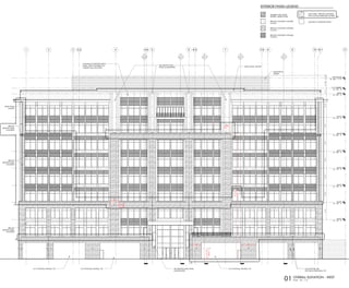 1 3 4 5 6 7 8 10
Level 3
EL. 132' - 2"
Level 4
EL. 146' - 2"
Level 5
EL. 160' - 2"
Level 6
EL. 174' - 2"
Level 7
EL. 188' - 2"
Level 8
EL. 202' - 2"
Level 9
EL. 216' - 2"
ROOF
EL. 235' - 2"
T.O. PARAPET
EL. 239' - 8"
04
A5.10
4.8 6.22 9
03
A5.11
02
A5.11
04
A5.11
14'-0"14'-0"14'-0"14'-0"14'-0"14'-0"19'-0"4'-6"8'-51/2"2'-01/2"
01
A5.11
METAL PANEL CANOPY
DECORATIVE METAL PANEL,
ILLUMNINATED
DECORATIVE METAL
PANEL ILLUMNINATED
MECHANICAL
SCREEN
7.83.2
METAL PANEL
CANOPY
PRECAST
ARCHITECTURAL
CONCRETE
PENTHOUSE
EL. 248' - 1 1/2"
PRECAST
ARCHITECTURAL
CONCRETE
PRECAST
ARCHITECTURAL
CONCRETE
3/4" PLYWOOD, PAINTED, TYP. LIGHT FIXTURE, REF.
ELECTRICAL DRAWINGS, TYP.
3/4" PLYWOOD, PAINTED, TYP. 3/4" PLYWOOD, PAINTED, TYP.
10.1 11
ALUMINUM COMPOSITE METAL
PANEL JOINTS CENTERED ON
CURTAIN WALL MULLIONS
TYP.
EQ EQ
TYP.
EQEQ
(TYPE"J")
103'-6"A.F.F.
EQ
TYP.
EQ
(TYPE"N")
8'-6"A.F.F.TYP.
EQ.
TYP.
EQ. EQ.
TYP.
EQ.
(TYPE"Q")
5
5
5
5
EXTERIOR FINISH LEGEND
ADHERED THIN STONE
VENEER, LUEDER STONE
(NOT USED) - PRECAST CONCRETE
WITH CUSTOM EMBOSSED PATTERN
ALUMINUM COMPOSITE PANELPRECAST CONCRETE, INTEGRAL
COLOR 1
PRECAST CONCRETE, INTEGRAL
COLOR 2
PRECAST CONCRETE, INTEGRAL
COLOR 3
®
®
date
project number
title
The drawings and written material herein constitute original work of the
architect, and as intellectual property and instruments of service, are
subject to copyright and may not be reproduced, distributed, published
or used in any way without the express written consent of the architect.
plotted:
revisions
sheet
original issue
project
landscape architect
223 NORTH GRAHAM ST
CHARLOTTE, NORTH CAROLINA 28202
704.333.0325
structural engineer
RAYMOND L. GOODSON (RLG)
12001 N. CENTRAL EXPY., SUITE 300
DALLAS, TEXAS 75243
214.739.8100
mechanical engineer
JJA, Inc.
8150 N. CENTRAL EXPY., SUITE M-2100
DALLAS, TEXAS 75206
214.739.8880
construction manager
HILL & WILKINSON
2703 TELECOM PKWY, STE 120
RICHARDSON, TEXAS 75082
214.299.4300
civil engineer
222 WEST LAS COLINAS BLVD.
IRVING, TEXAS 75039, SUITE 1405 N
214.785.6009
architecture interiors planning graphics
8070 Park Lane, Ste. 300 Dallas, Texas 75231
Tel 972.701.9000 Fax 972.991.3008
www.bokapowell.com
design architect
2520 BROADWAY ST.
BOULDER, COLORADO 80304
720.565.0505
client/owner
BRIGHT REALTY
2520 KING ARTHUR BLVD., SUITE 200
LEWISVILLE, TEXAS 75056
972.410.6600
10/19/201811:32:50AM
C:BOKAPREVIT_PROJECTSARCH_14149_THE_REALM_CENTRAL_v16_jessary.rvt
A4.01
EXTERIOR ELEVATION - WEST
10.24.2018
PERMIT
14149.100
THE REALM AT CASTLE HILLS
LEWISVILLE, TEXAS
10.27.2017
10.27.2017
SCALE: 1/8" = 1'-0"01 OVERALL ELEVATION - WEST
5
1 WCPR 04 06.21.2018
2 WCPR 08 08.07.2018
3 WCPR 09 08.20.2018
4 RFI #54 09.06.2018
5 WCPR 10 10.24.2018
 