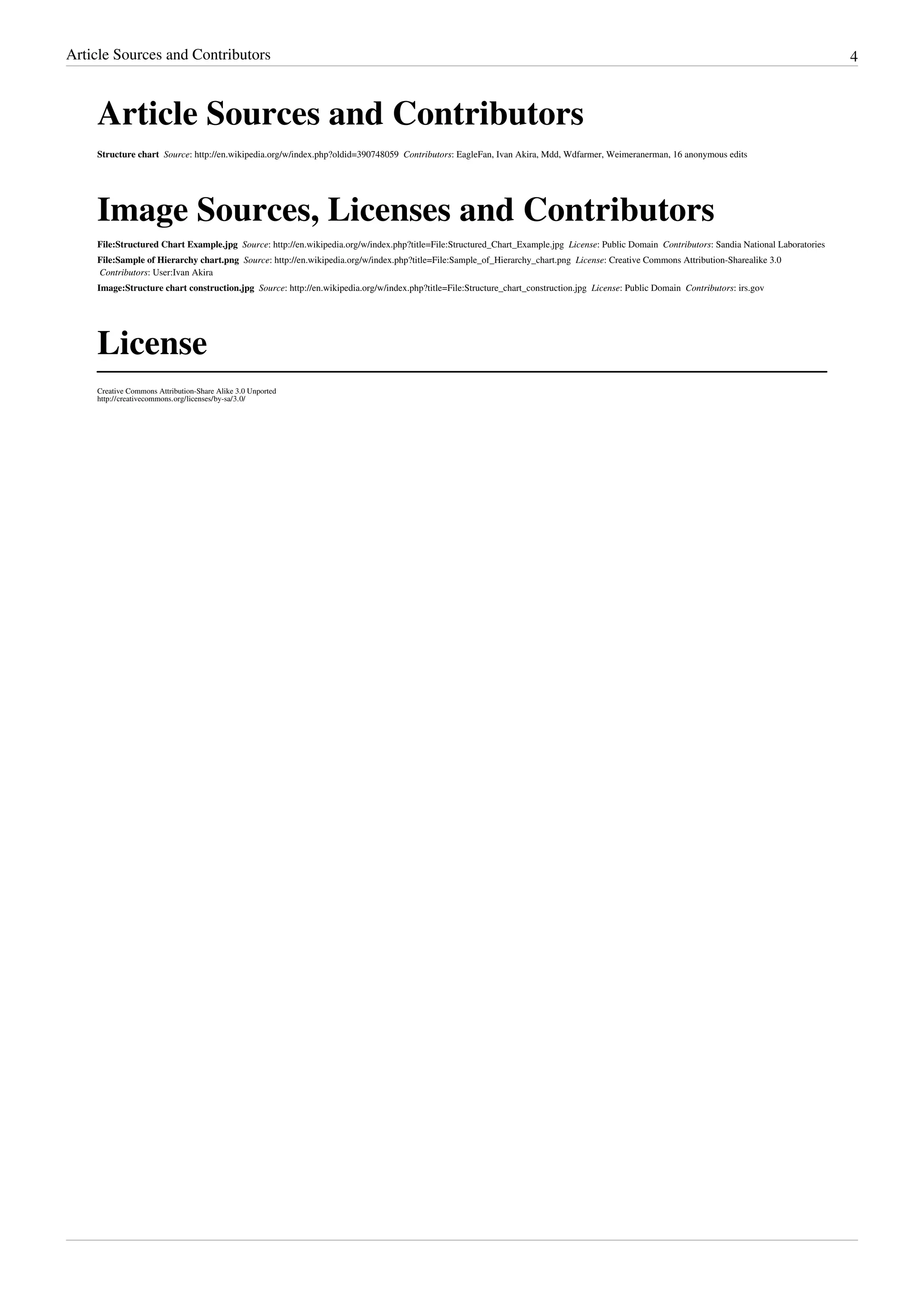 Article Sources and Contributors                                                                                                                                                                 4



    Article Sources and Contributors
    Structure chart  Source: http://en.wikipedia.org/w/index.php?oldid=390748059  Contributors: EagleFan, Ivan Akira, Mdd, Wdfarmer, Weimeranerman, 16 anonymous edits




    Image Sources, Licenses and Contributors
    File:Structured Chart Example.jpg  Source: http://en.wikipedia.org/w/index.php?title=File:Structured_Chart_Example.jpg  License: Public Domain  Contributors: Sandia National Laboratories
    File:Sample of Hierarchy chart.png  Source: http://en.wikipedia.org/w/index.php?title=File:Sample_of_Hierarchy_chart.png  License: Creative Commons Attribution-Sharealike 3.0
     Contributors: User:Ivan Akira
    Image:Structure chart construction.jpg  Source: http://en.wikipedia.org/w/index.php?title=File:Structure_chart_construction.jpg  License: Public Domain  Contributors: irs.gov




    License
    Creative Commons Attribution-Share Alike 3.0 Unported
    http:/ / creativecommons. org/ licenses/ by-sa/ 3. 0/
 