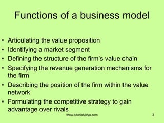 Functions of a business model
• Articulating the value proposition
• Identifying a market segment
• Defining the structure of the firm’s value chain
• Specifying the revenue generation mechanisms for
the firm
• Describing the position of the firm within the value
network
• Formulating the competitive strategy to gain
advantage over rivals
3www.tutorialvidya.com
 