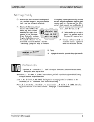 LRBI Checklist Structured Daily Schedule
Preliminary Strategies 5
Getting ReadyGetting ReadyGetting ReadyGetting ReadyGetting ReadyGetting ReadyGetting ReadyGetting Ready
✍ Ensurethattheclassroomhasalargewall
clock to help students learn to manage
their time and follow the schedule.
✍ Plantoscheduleinstructional
time for at least 70% of the
school day. Each student
should be on task a mini-
mum of 85% of that time.
If not, the teacher needs to
helpthestudentincreasehis/
her on-task behavior. For stu-
dents with severe disabilities, a specific
“attending” program may be needed.
Examples of ways to systematically increase
on-task behavior include the use of a timed
system, such as a “beeper tape” for differ-
ential reinforcement, or a combination of
atokeneconomyandresponsecost
(see LRBI—Level 1 and 2).
✍ Select tasks at which stu-
dents can perform with at
least an 80% success rate.
✍ Ensure sufficient staff are
available to make high rates
of on-task behavior feasible.
schedule a day
keeps off-task
behavior away.
✍ Clock
✍ Large posterboard or space to display schedule.
Materials and Supplies
Algozzine, B.,  Ysseldyke, J. (1992). Strategies and tactics for effective instruction.
Longmont, CO: Sopris West.
Hofmeister, A.,  Lubke, M. (1989). Research into practice: Implementing effective teaching
strategies. Boston: Allyn and Bacon.
Kerr, M. M.,  Nelson, C. M. (1983). Strategies for managing behavior problems in the
classroom (2nd ed.). Columbus, OH: Merrill Publishing.
Paines, S. C., Radicchi, J., Rosellini, L. C., Deutschman, L.,  Darch, C. B. (1983). Structur-
ing your classroom for academic success. Champaign, IL: Research Press.
ReferencesReferencesReferencesReferencesReferencesReferencesReferencesReferences
 