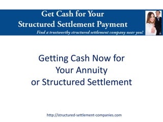 Getting Cash Now for
      Your Annuity
or Structured Settlement


   http://structured-settlement-companies.com
 