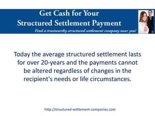 Today the average structured settlement lasts
 for over 20-years and the payments cannot
   be altered regardless of chang...