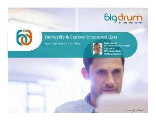 @PersuasiveData 
Demys/fy 
& 
Explore 
Structured 
Data 
Learn 
the 
How 
and 
the 
Why 
Aaron 
Abbo( 
SEO 
and 
Analy/cs 
Manager 
bigdrum.io 
@PersuasiveData 
@BigDrumAgency 
 